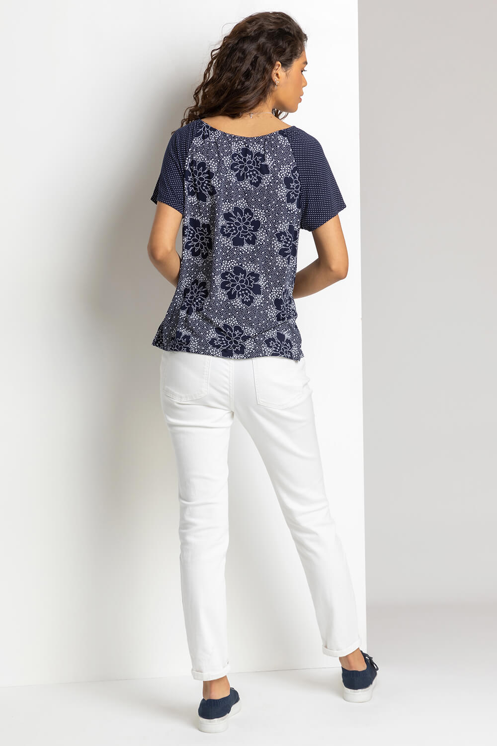Navy  Mixed Floral Spot Print Tassel Top, Image 2 of 4