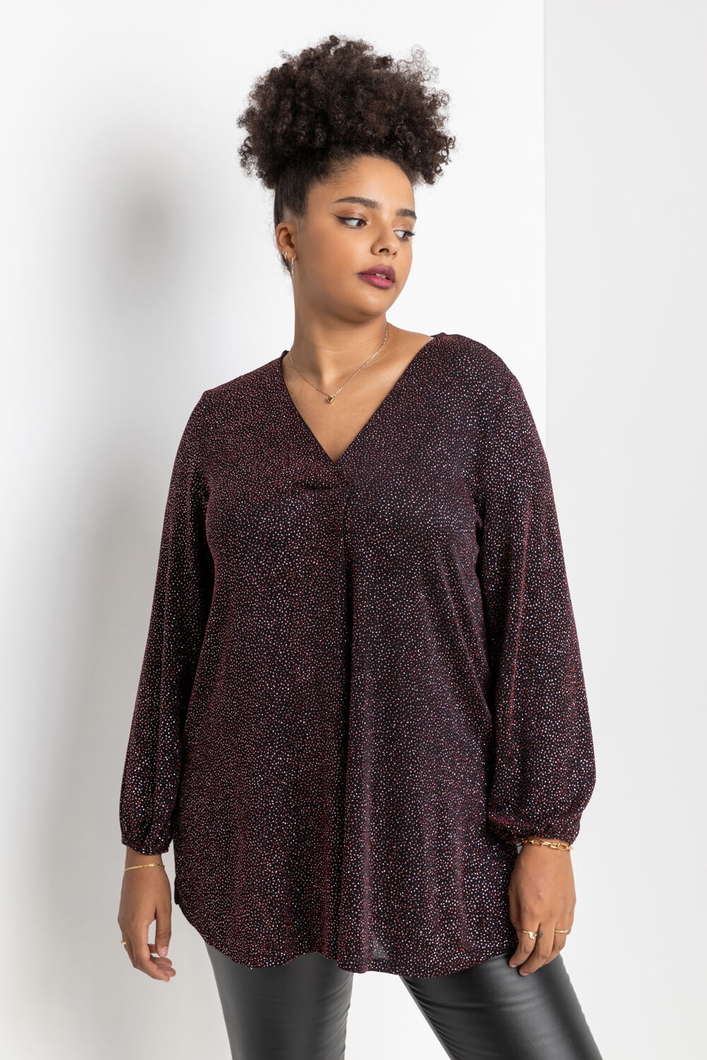 Red Curve Pleat Front Shimmer Tunic Top, Image 1 of 4
