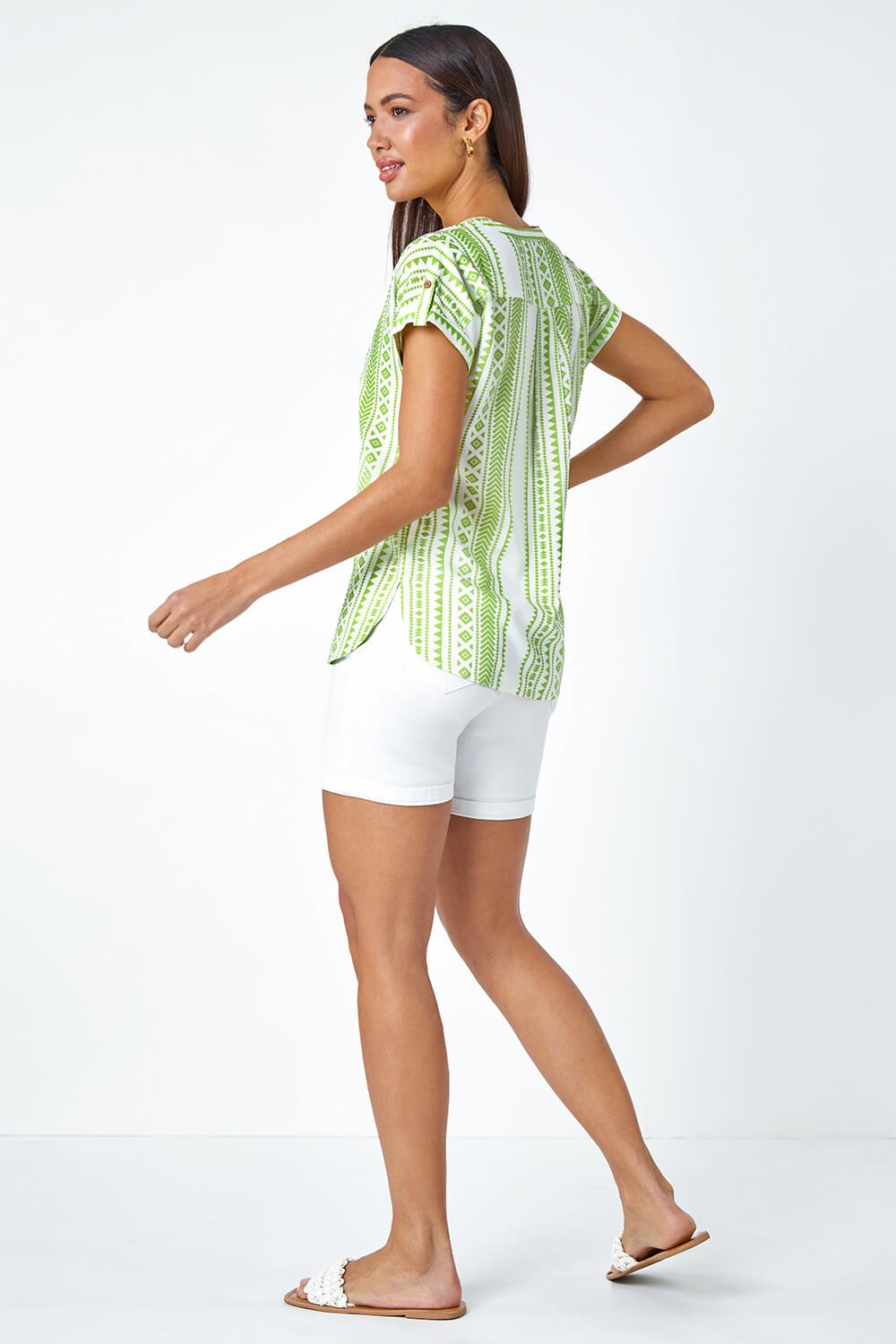 Lime Aztec Print Button Detail Top, Image 3 of 5