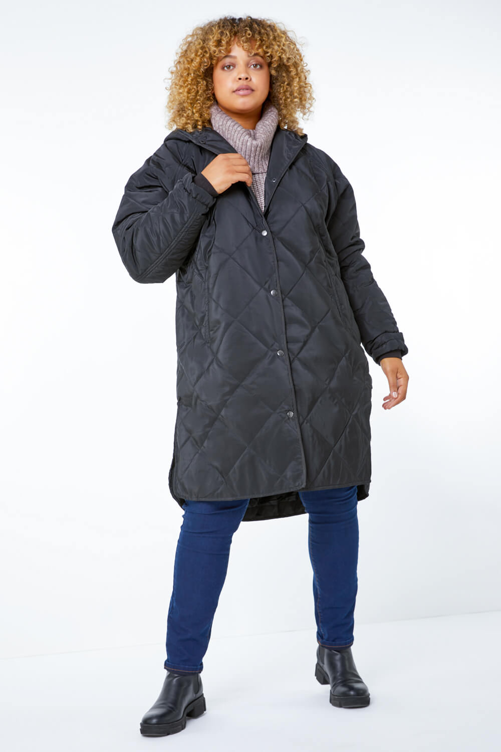 Black Curve Quilted Longline Coat, Image 4 of 5
