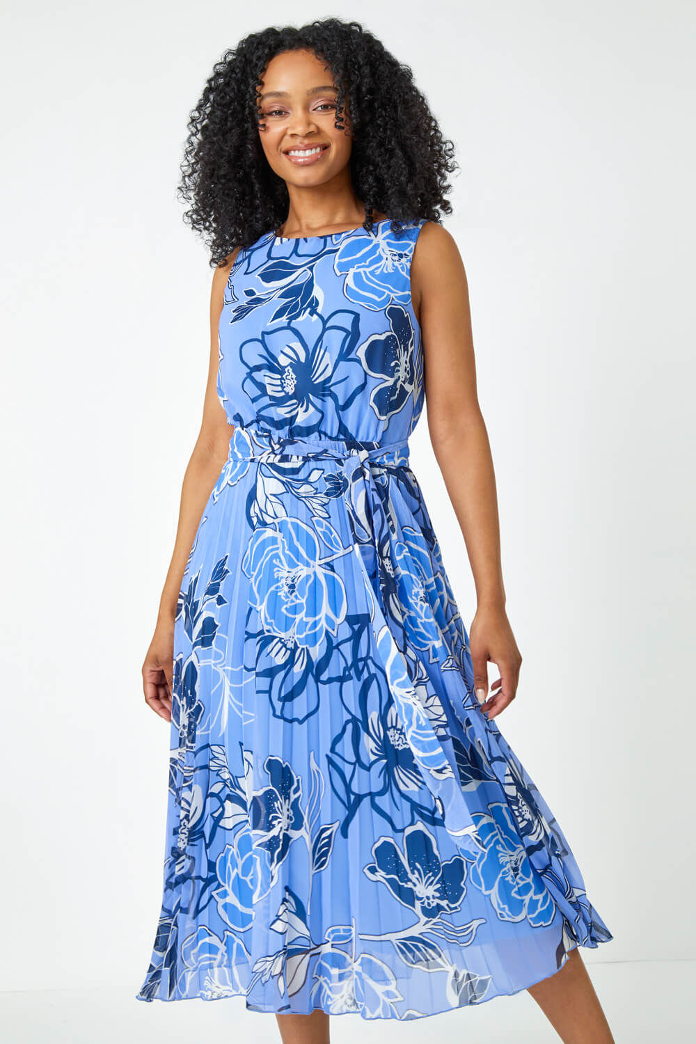 Blue Petite Floral Print Pleated Midi Dress, Image 2 of 5