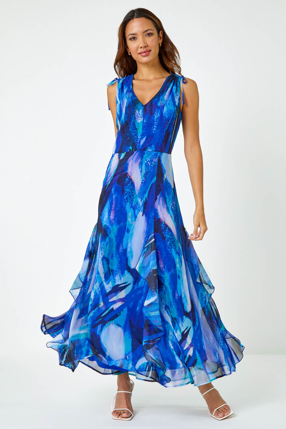 Blue Sleeveless Abstract Print Maxi Dress , Image 2 of 5