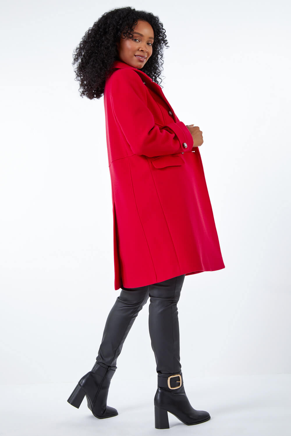 Red Petite Double Breasted Military Coat, Image 3 of 5