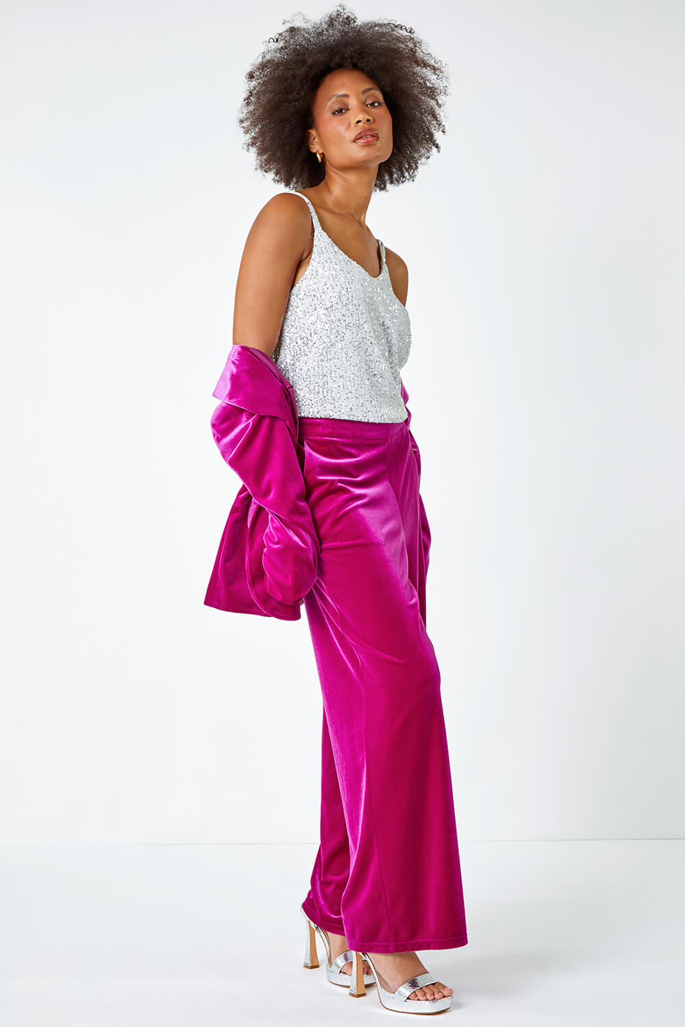 PINK Wide Leg Velvet Stretch Trousers, Image 2 of 6