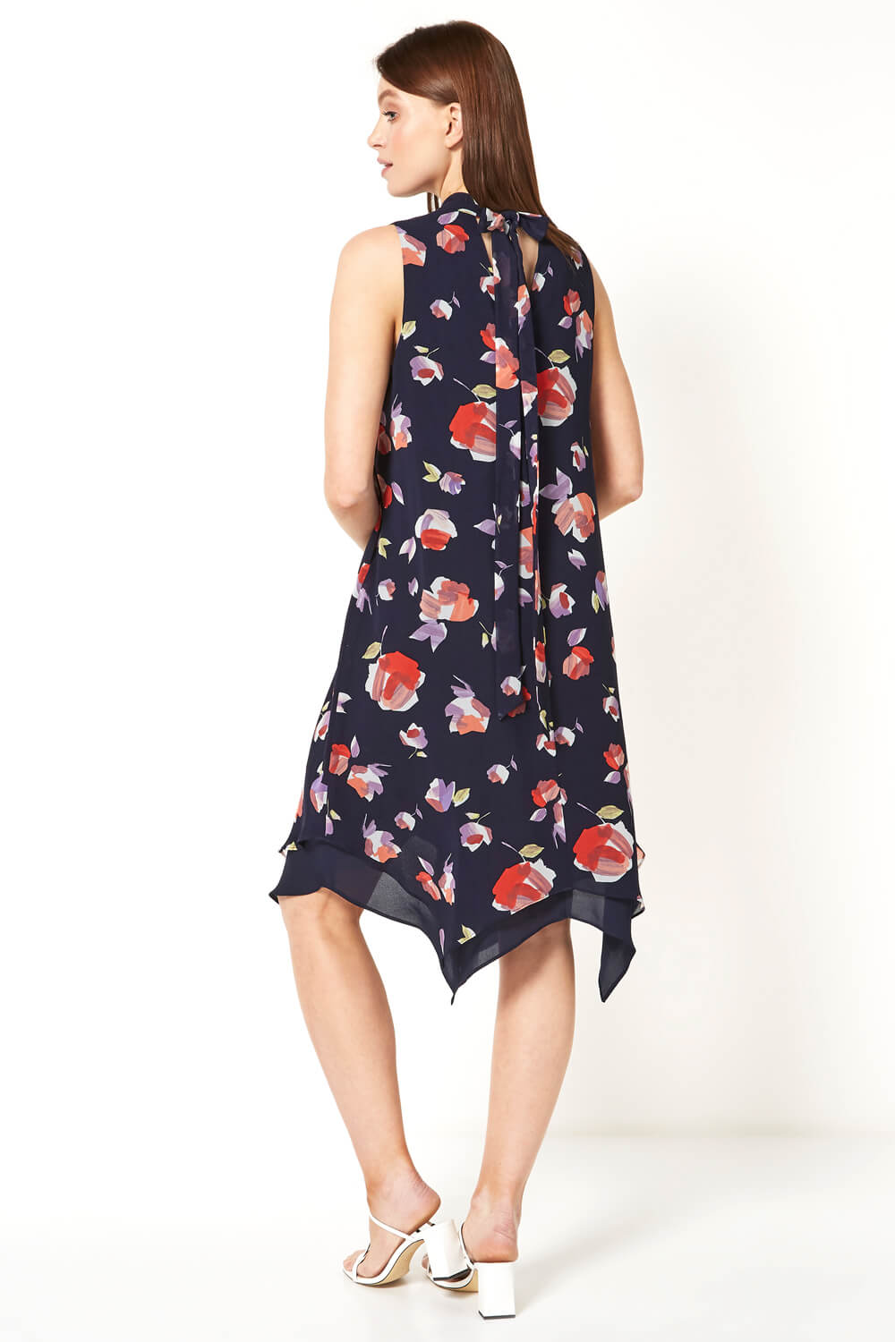 Navy  High Neck Floral Print Swing Dress, Image 3 of 5