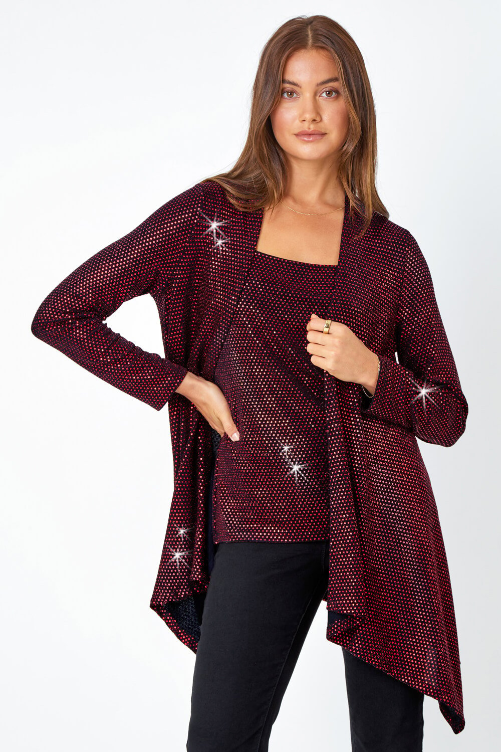 Red Sequin Sparkle Waterfall Stretch Jacket, Image 2 of 5