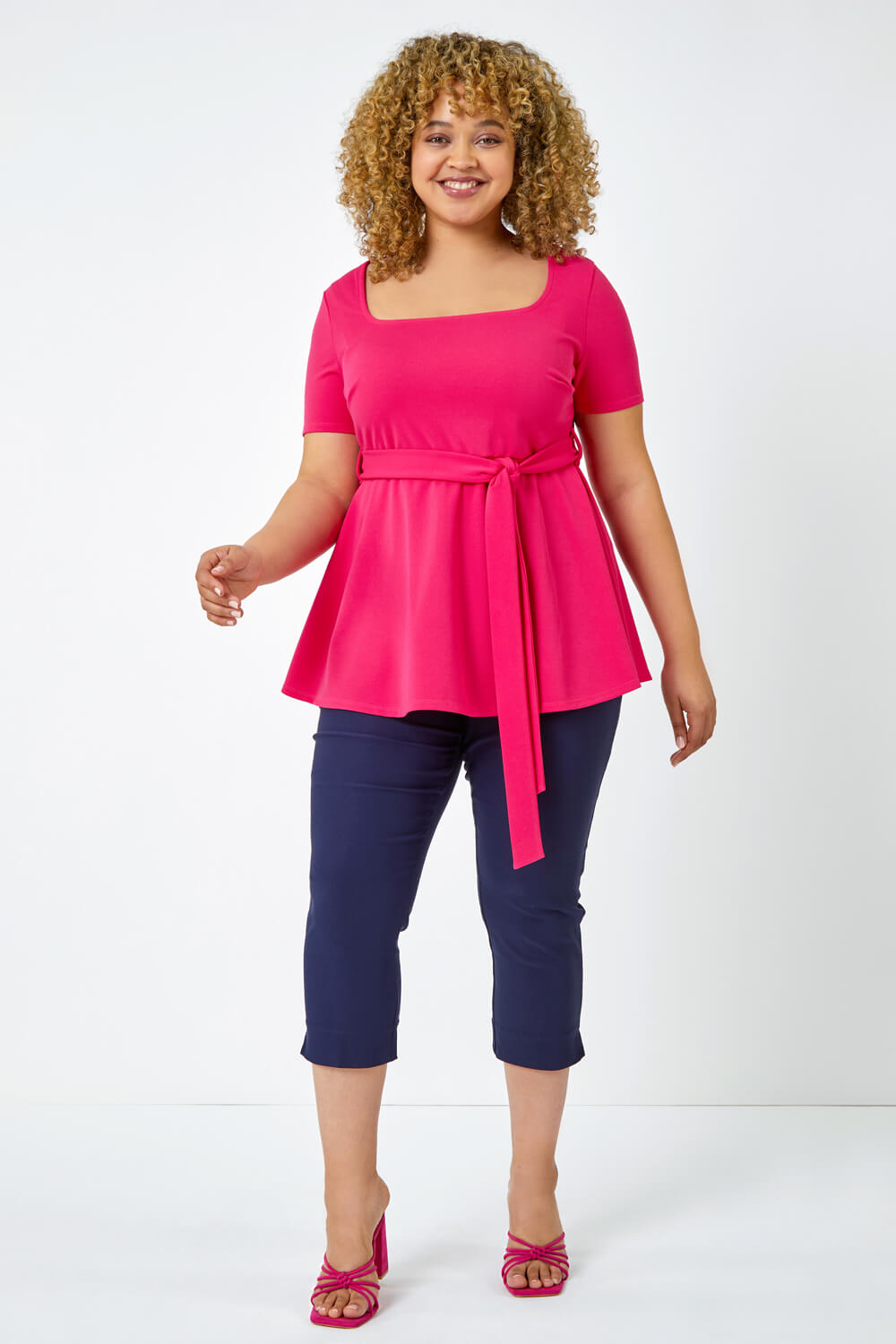 PINK Curve Stretch Belted Peplum Top, Image 2 of 5