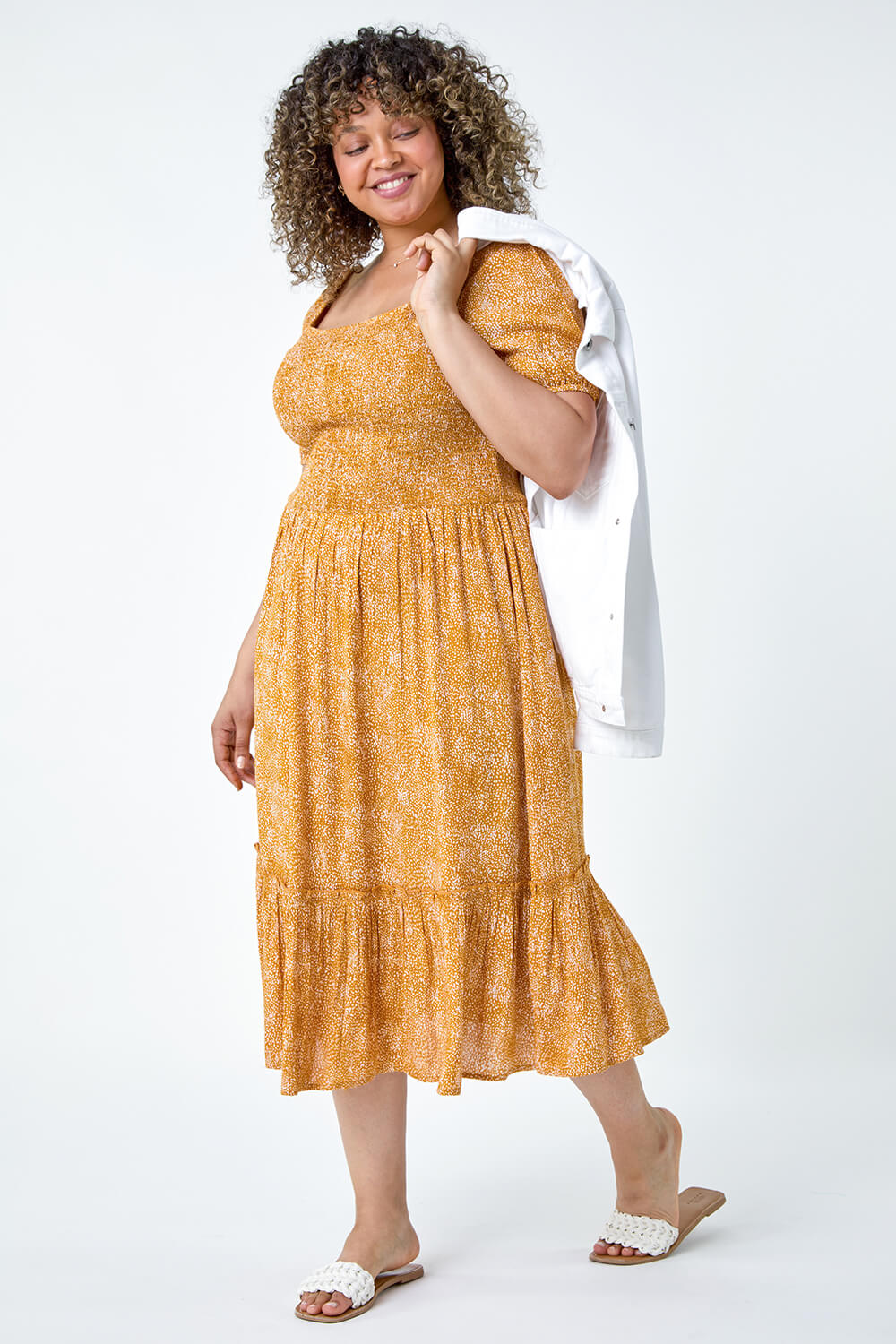 Yellow Curve Printed Crinkle Shirred Midi Dress, Image 2 of 5