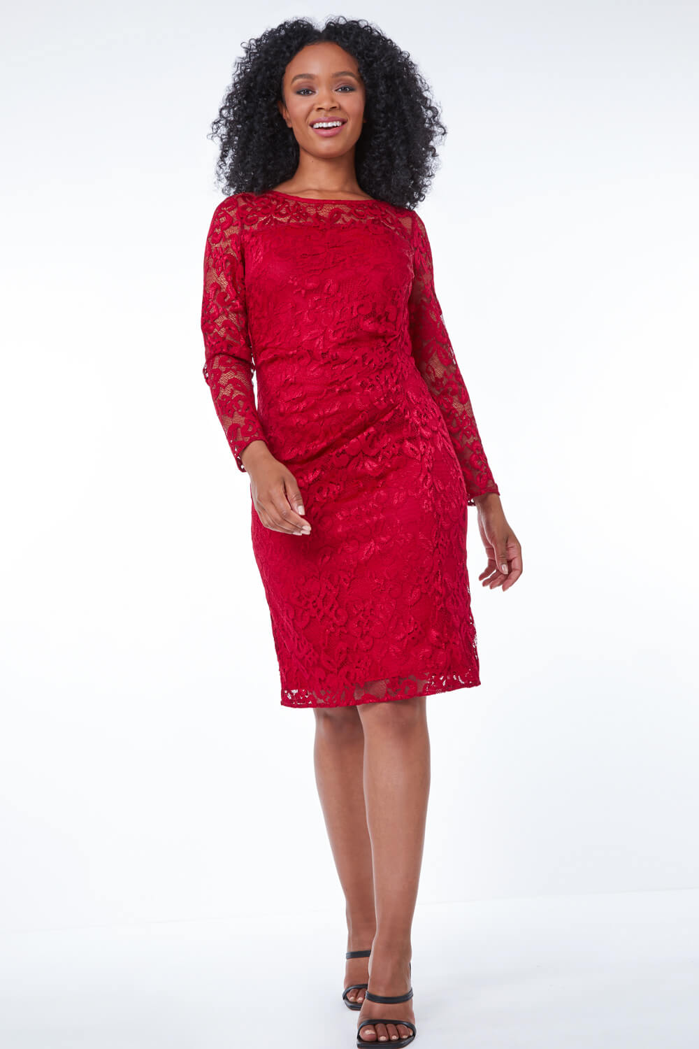 Red  Petite Side Ruched Lace Dress, Image 2 of 5