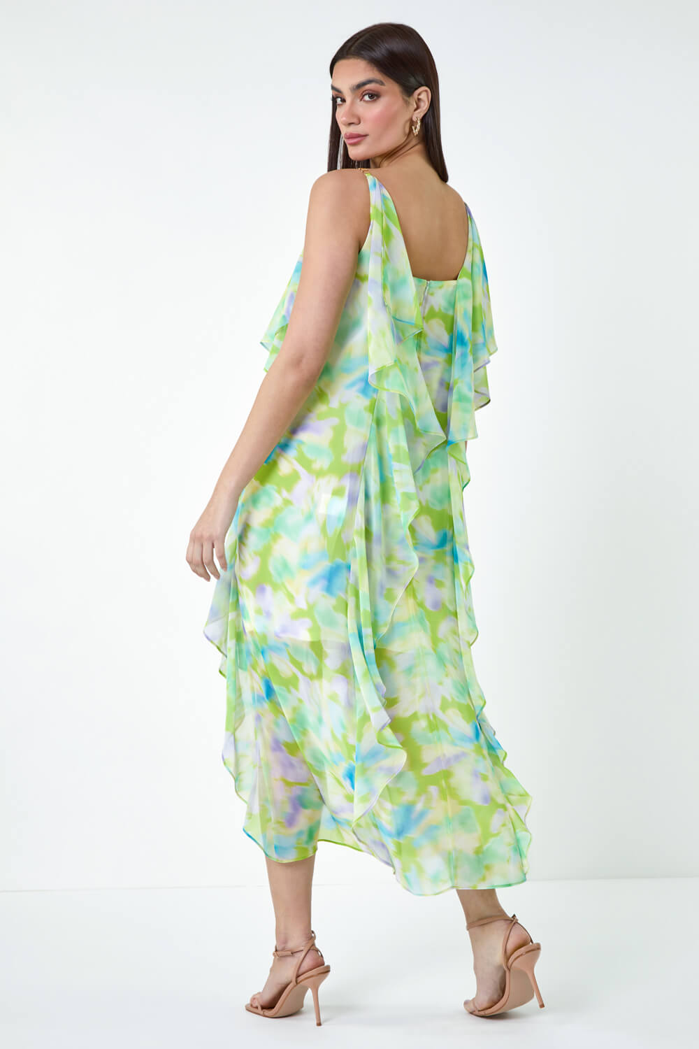 Lime Abstract Chiffon Ruffle Detail Midi Dress, Image 3 of 6