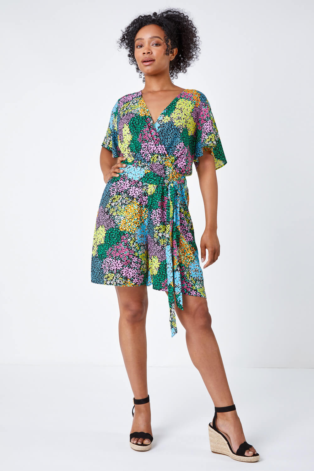 Black Petite Ditsy Floral Belted Playsuit, Image 2 of 5