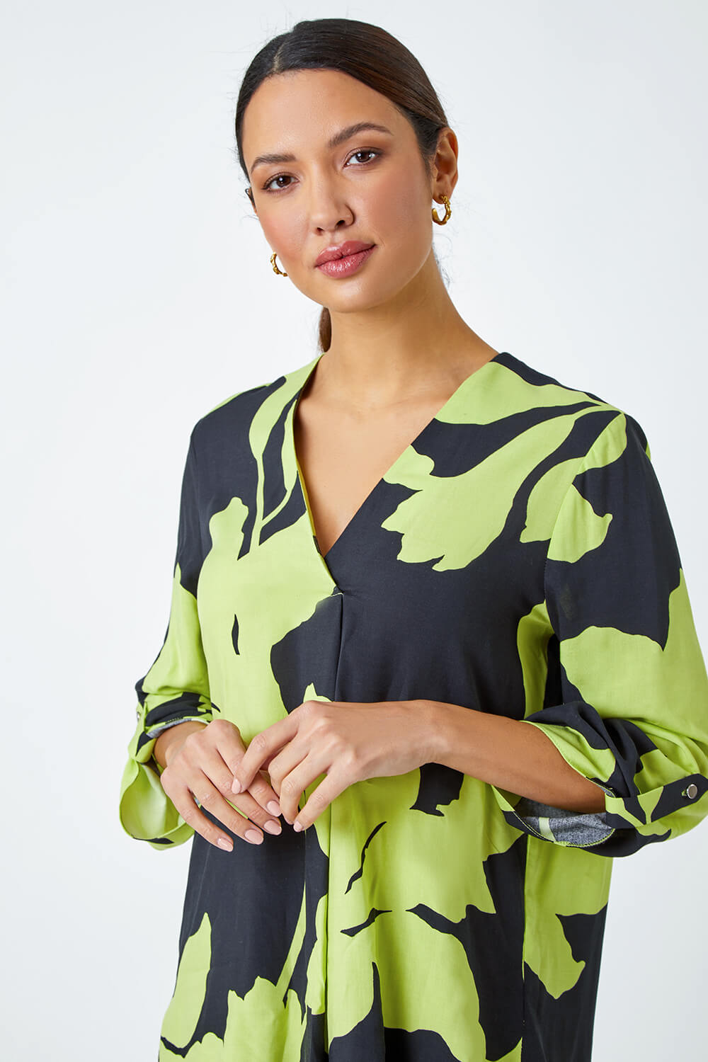 Green Bold Floral Print Pleat Front Top, Image 4 of 5