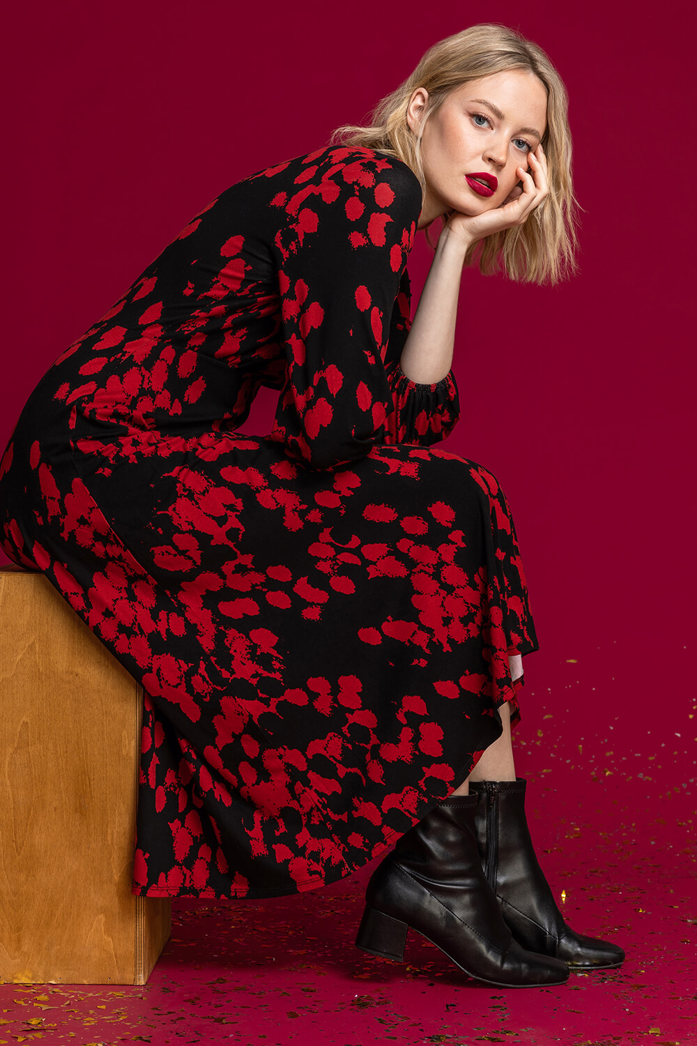 Red Abstract Spot Print Midi Dress, Image 5 of 5