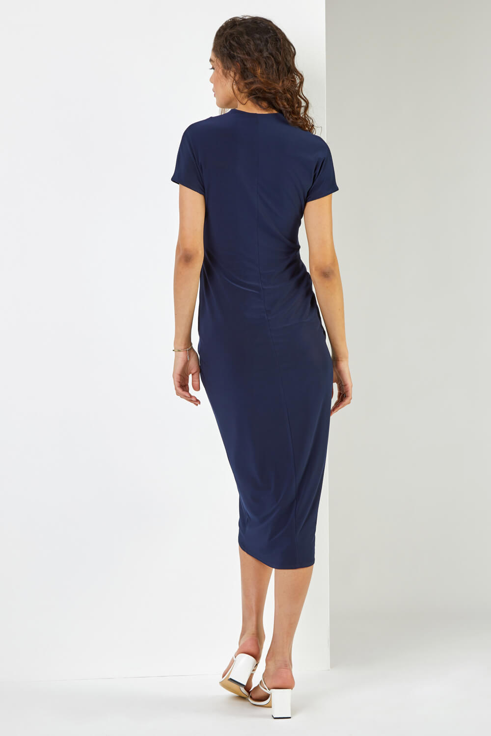 Navy  Ruched Front Midi Wrap Dress, Image 2 of 4