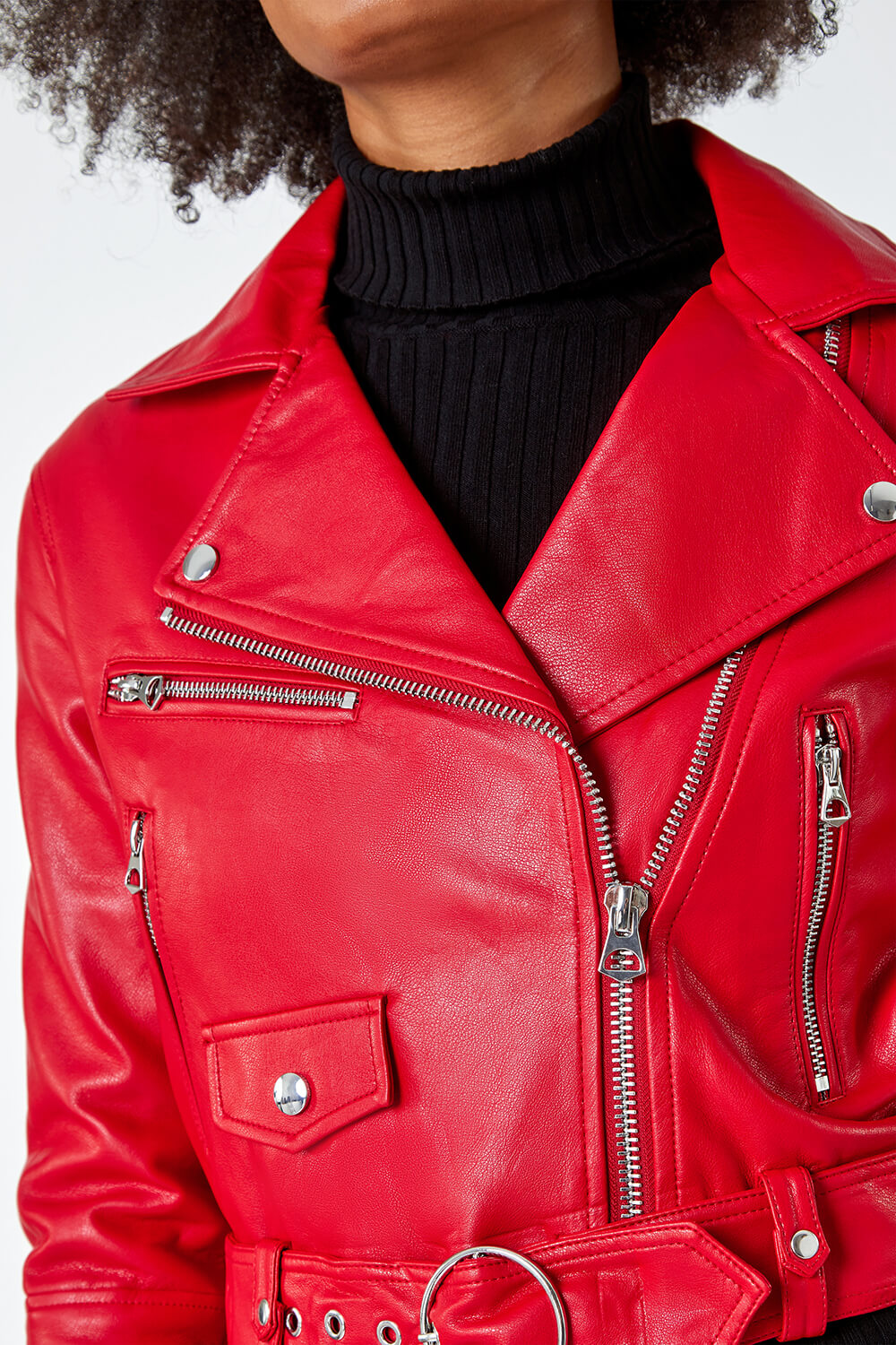 Red Cropped Faux Leather Biker Jacket , Image 5 of 5