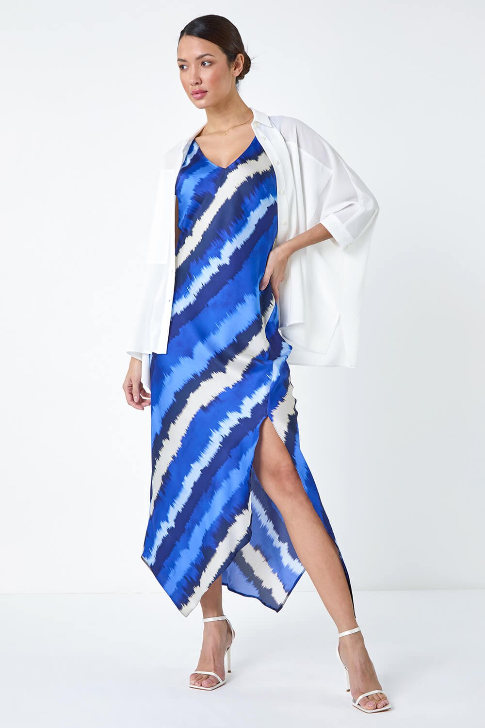 Royal Blue Stripe Print Satin Midi Slip Dress, Image 4 of 5