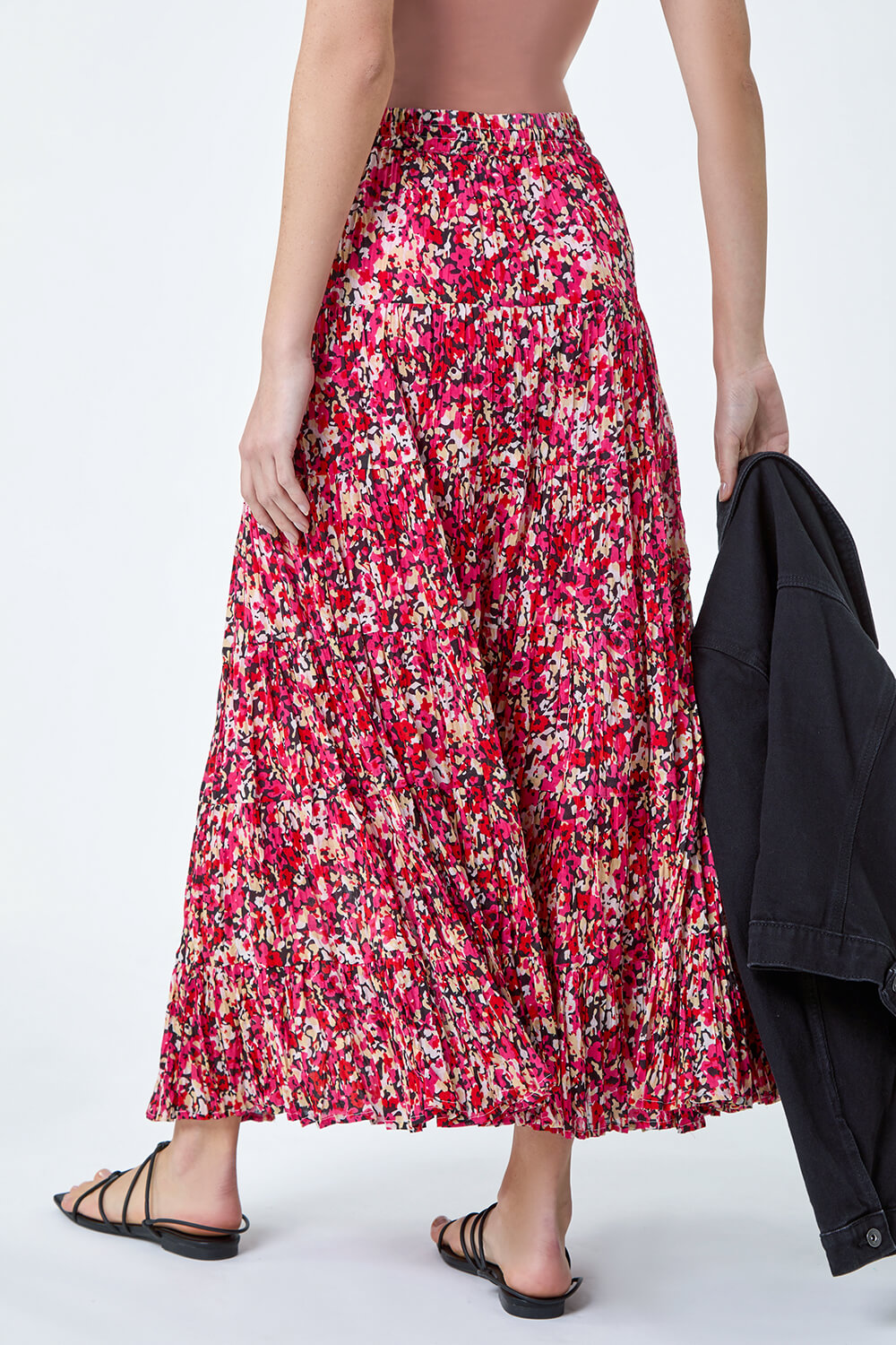 PINK Floral Crinkle Cotton A line Tiered Maxi Skirt, Image 3 of 5