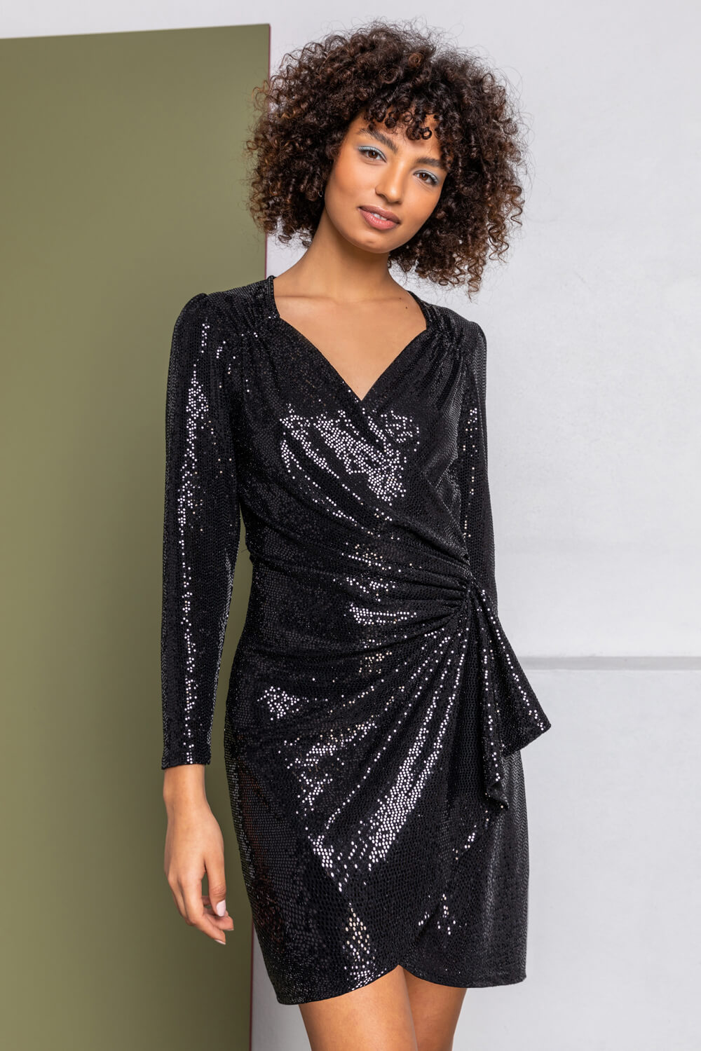Sparkle Embellished Wrap Dress in Black - Roman Originals UK