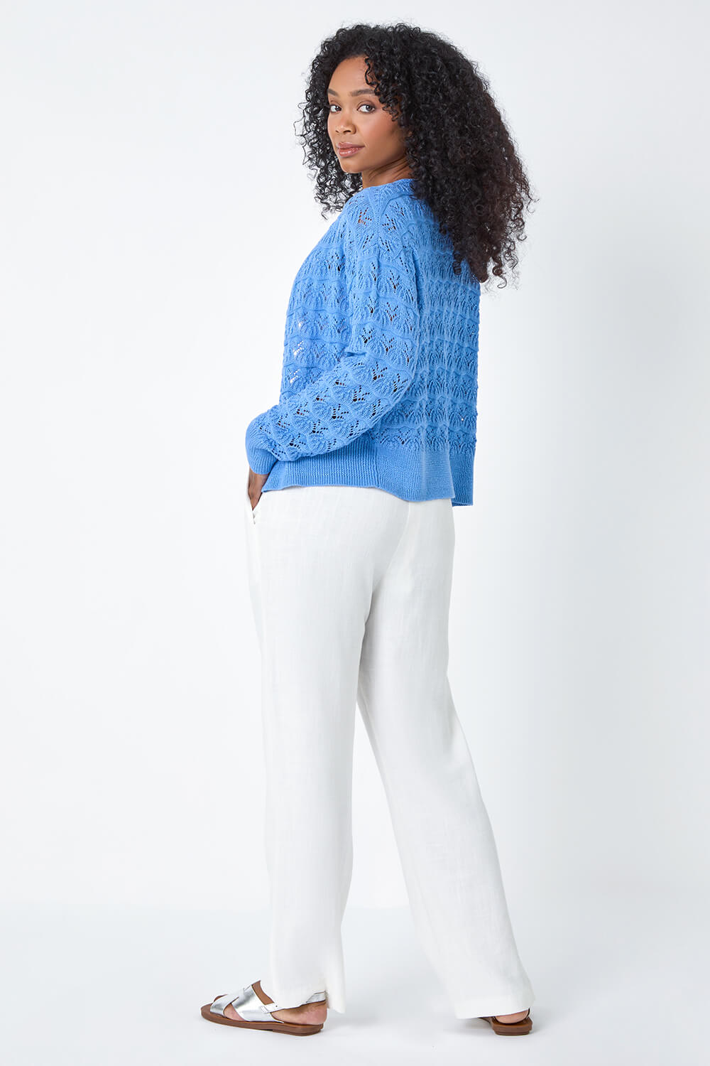 Blue Petite Shimmer Crochet Knit Cardigan, Image 3 of 5