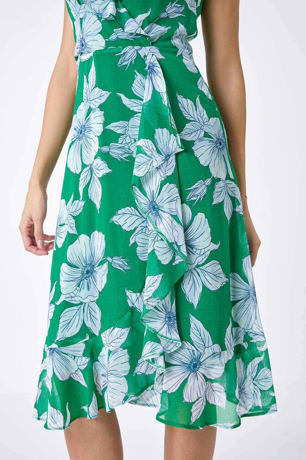 Green Floral Print Frill Midi Dress, Image 5 of 5