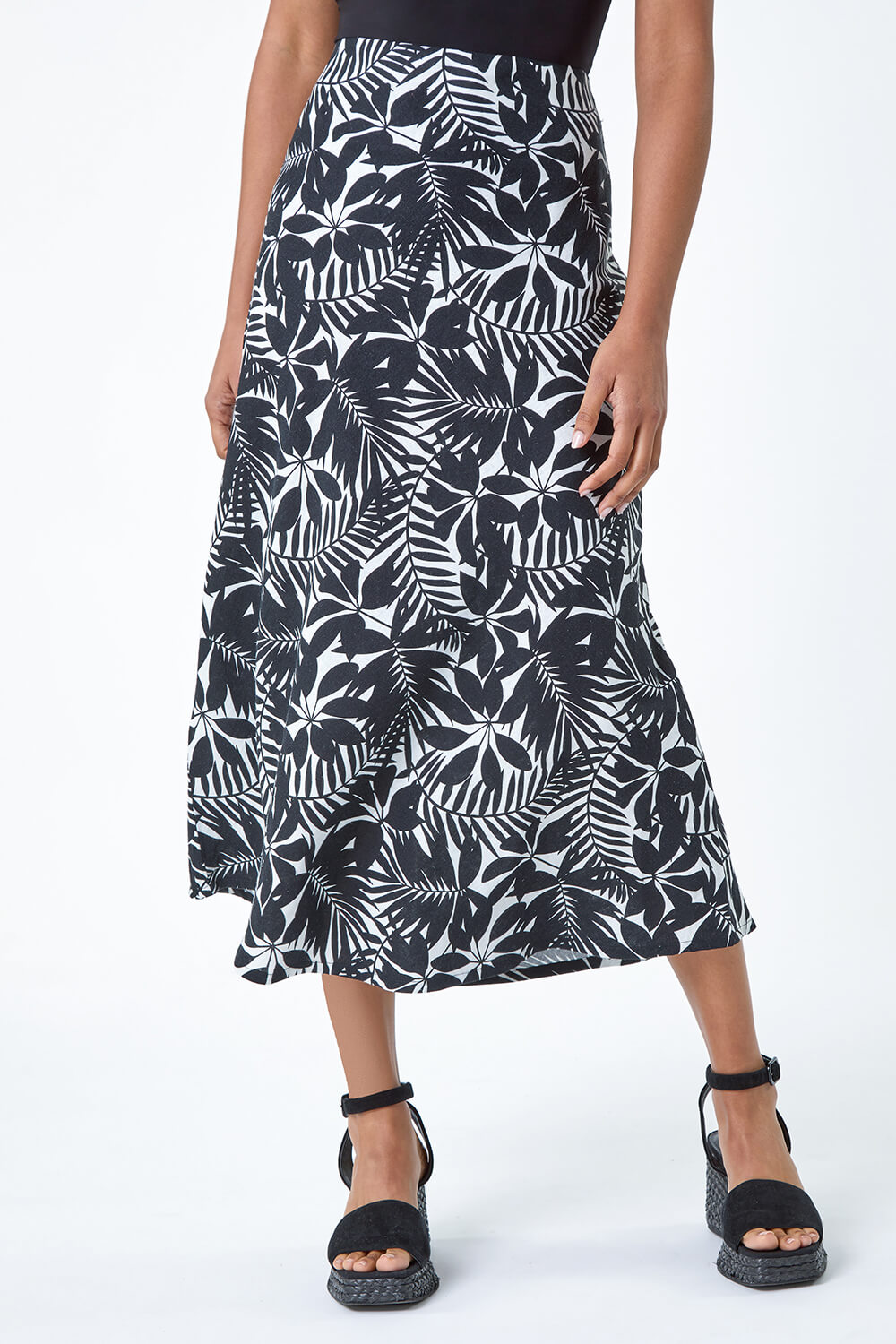 Black Leaf Print Linen Blend A-Line Skirt, Image 4 of 5