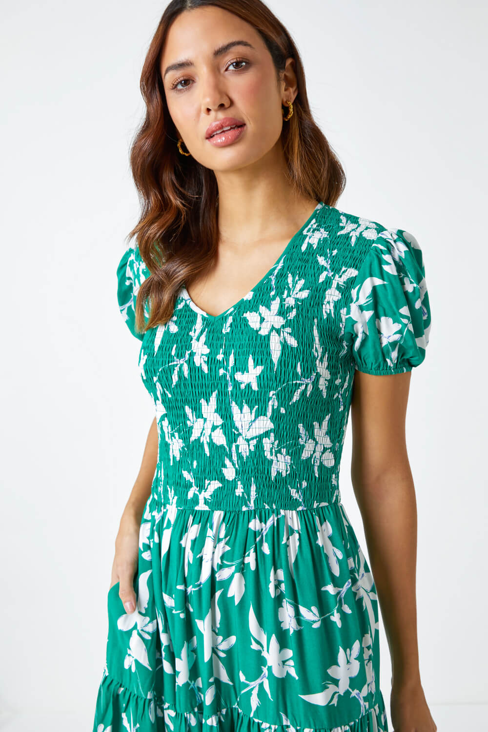 Green Floral Shirred Waist Tiered Midi Dress, Image 4 of 5