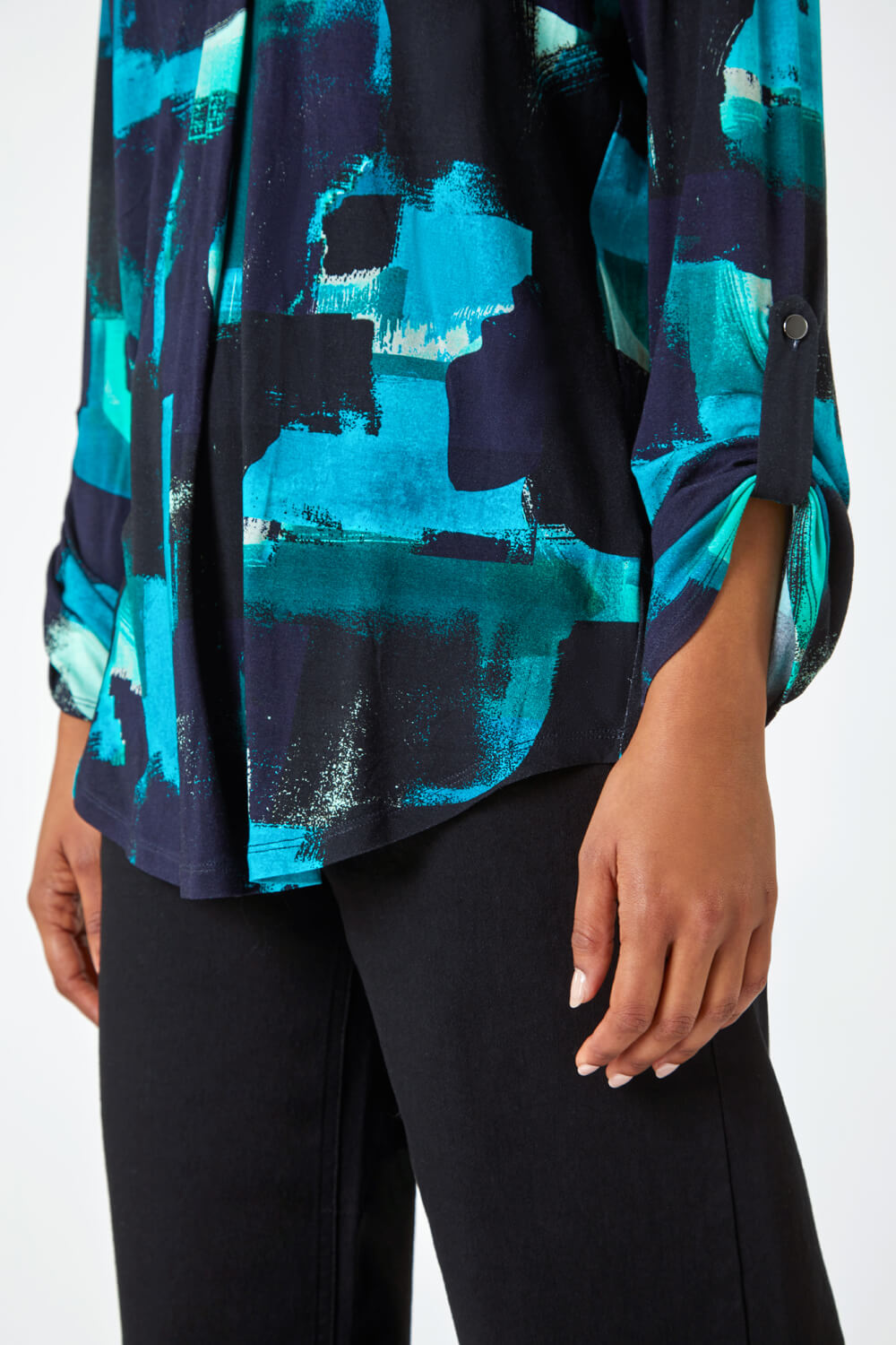 Turquoise Abstract Print Stretch Shirt Top , Image 5 of 5