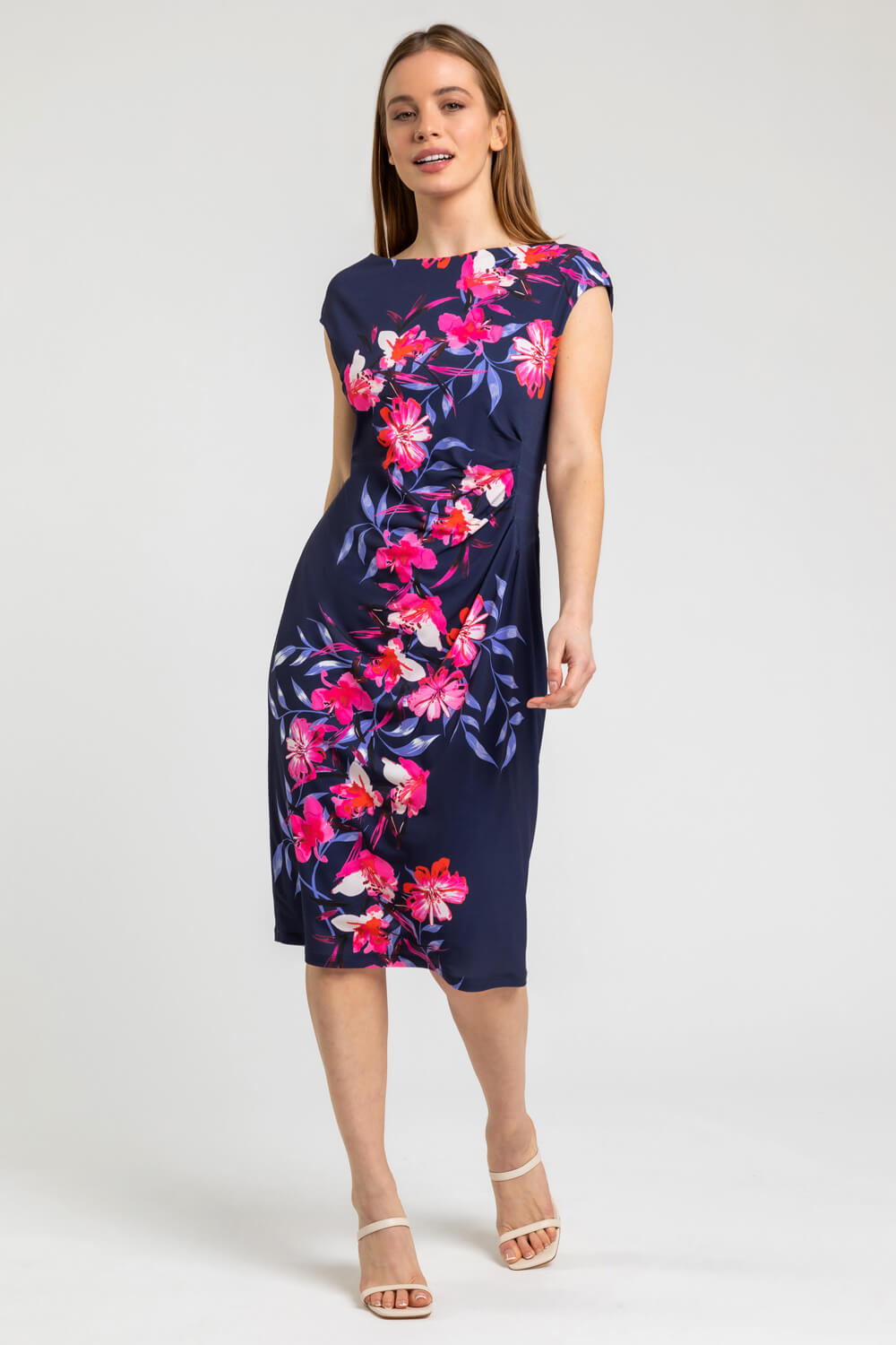 Navy  Petite Floral Ruched Waist Dress, Image 3 of 4
