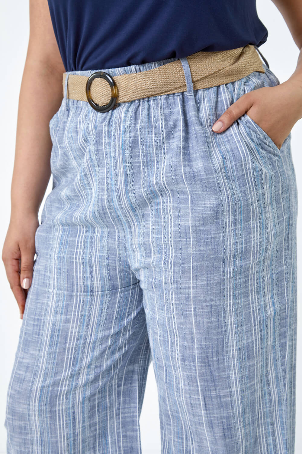 Blue Curve Cotton Stripe Belted Crop Trousers, Image 5 of 5