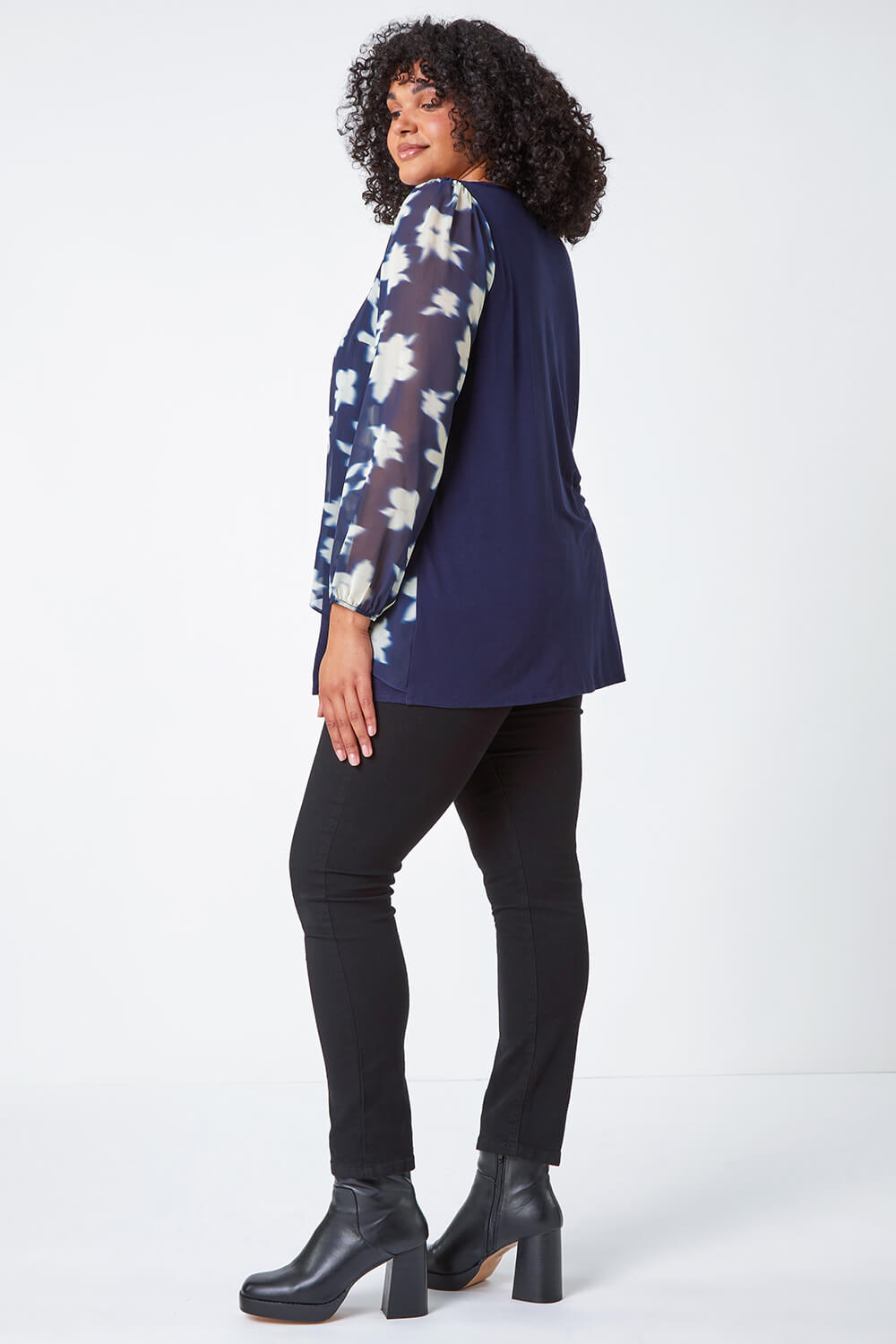 Navy  Curve Floral Overlay Stretch Top, Image 3 of 5