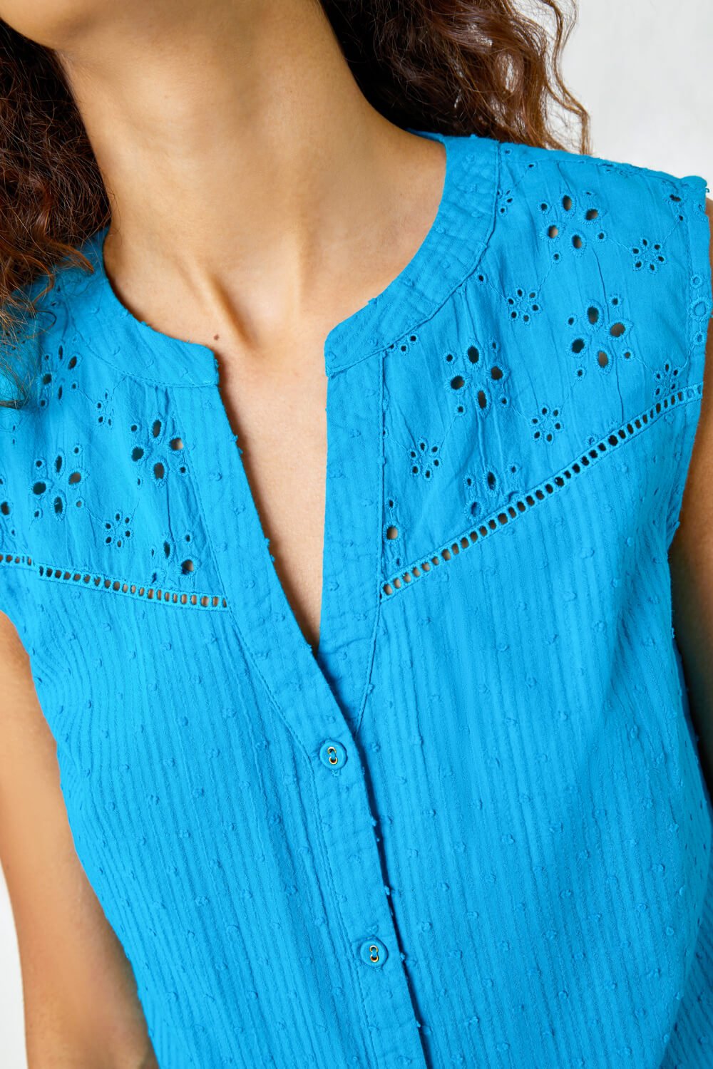 Teal Sleeveless Embroidered Cotton Blouse, Image 5 of 5