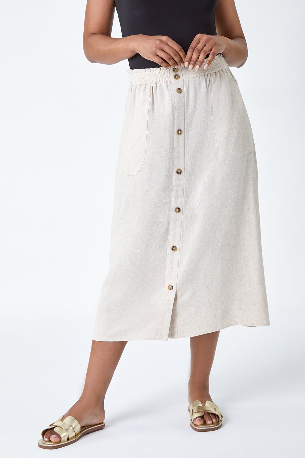 Natural  Petite Linen Blend Button Midi Skirt, Image 4 of 6