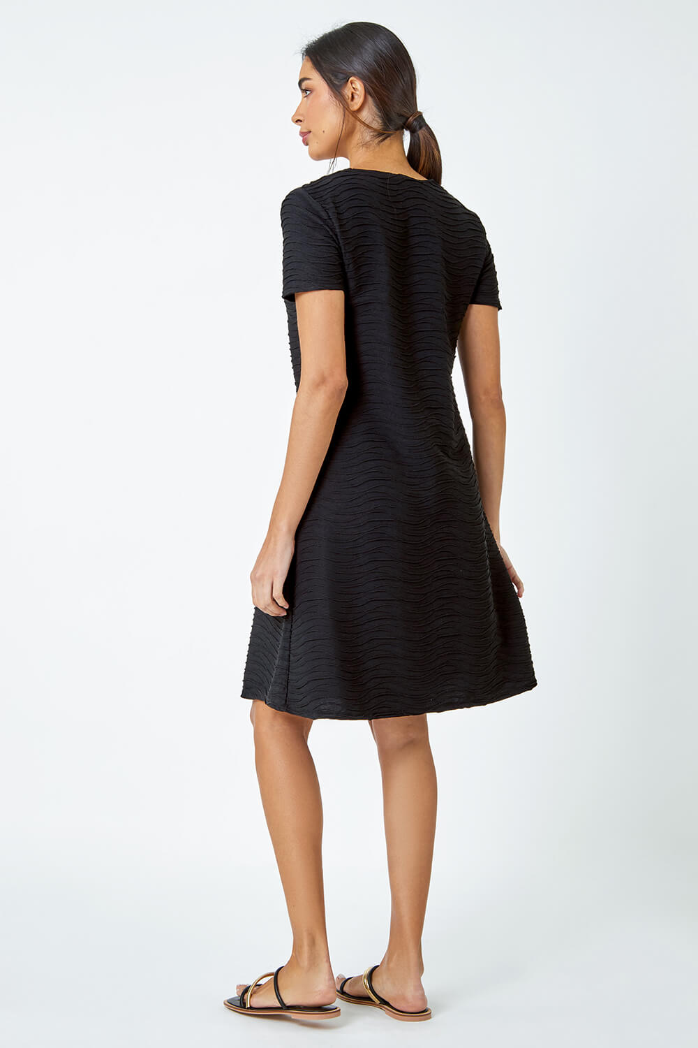 Black Textured A-Line Stretch Dress, Image 3 of 5