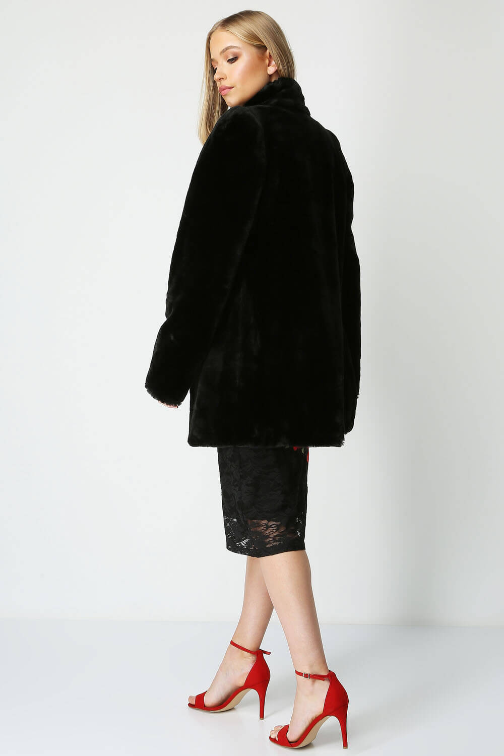 Black Faux Fur Swing Coat, Image 3 of 5