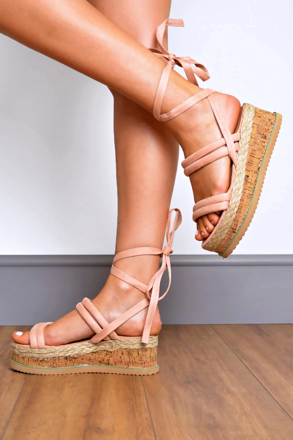 PINK Suede Padded Strap Tie Leg Flatform Sandals, Image 3 of 4