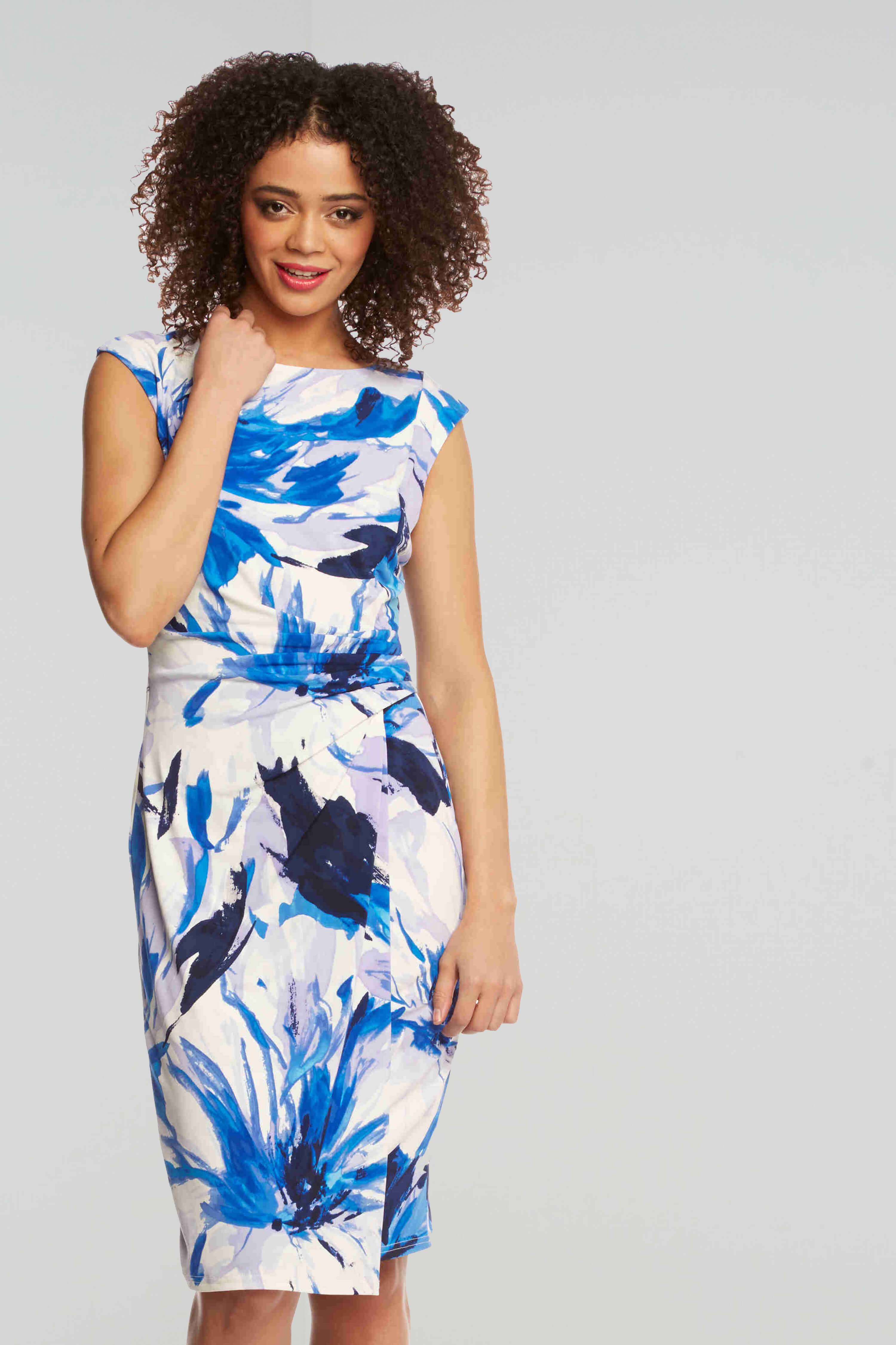 Royal Blue Abstract Underwater Floral Print Dress, Image 2 of 4