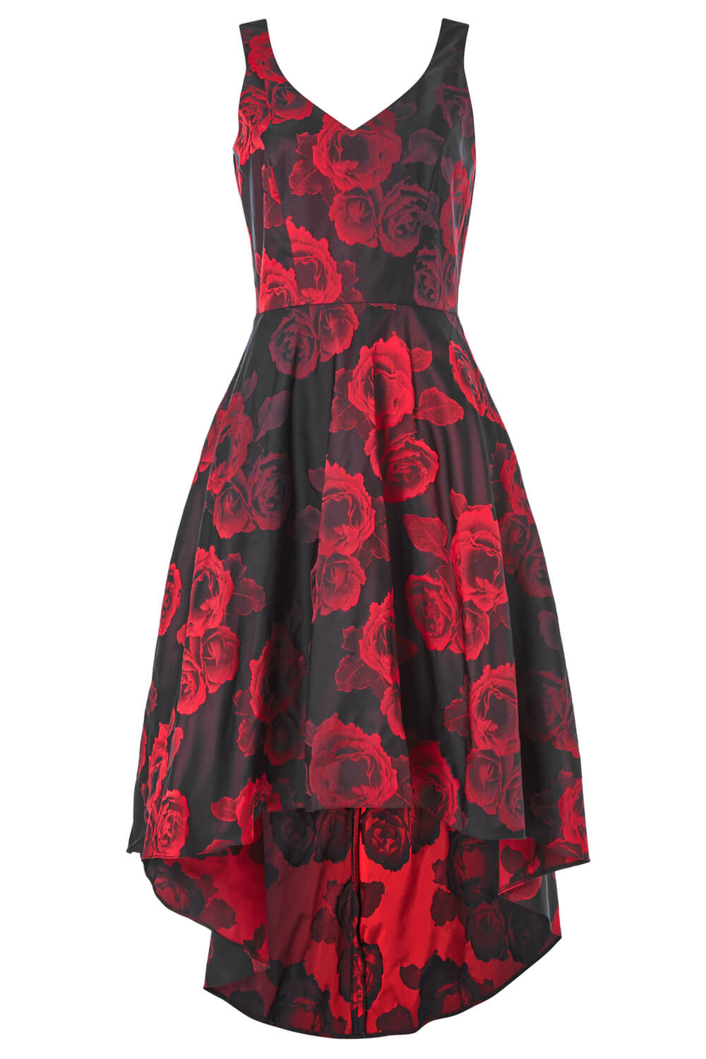 Red Rose Print Dipped Hem Dress, Image 4 of 4