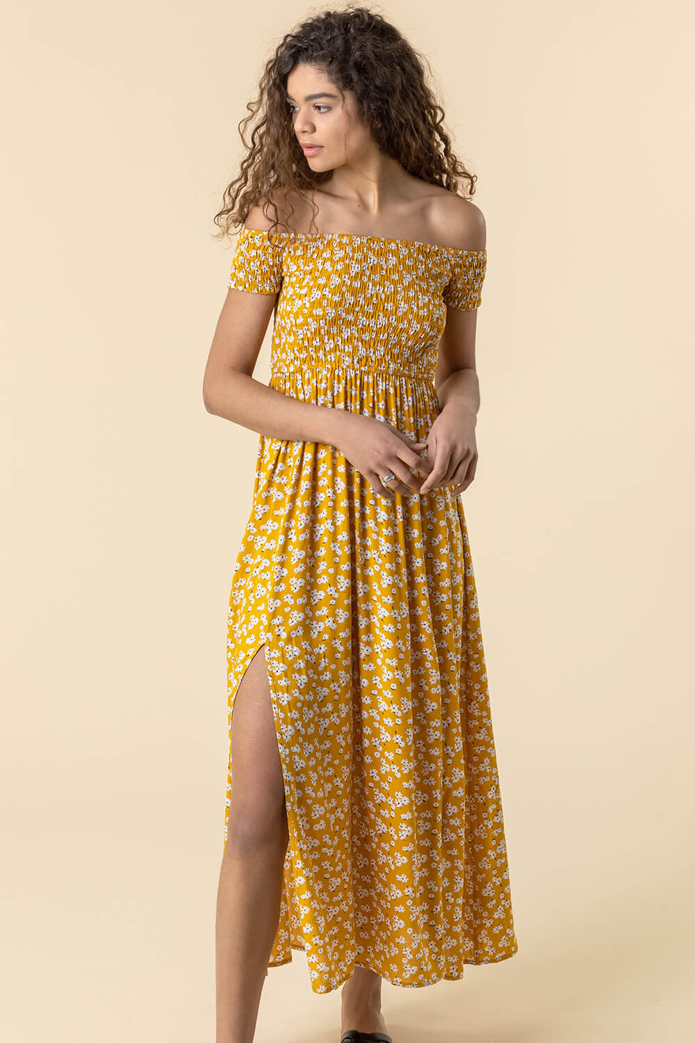 Amber Shirred Floral Print Bardot Dress, Image 3 of 5