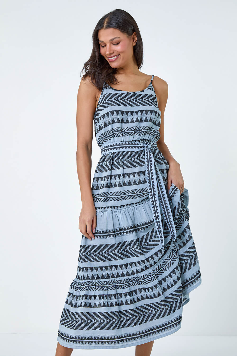 Light Blue  Aztec Cotton Tiered Midi Dress, Image 4 of 5