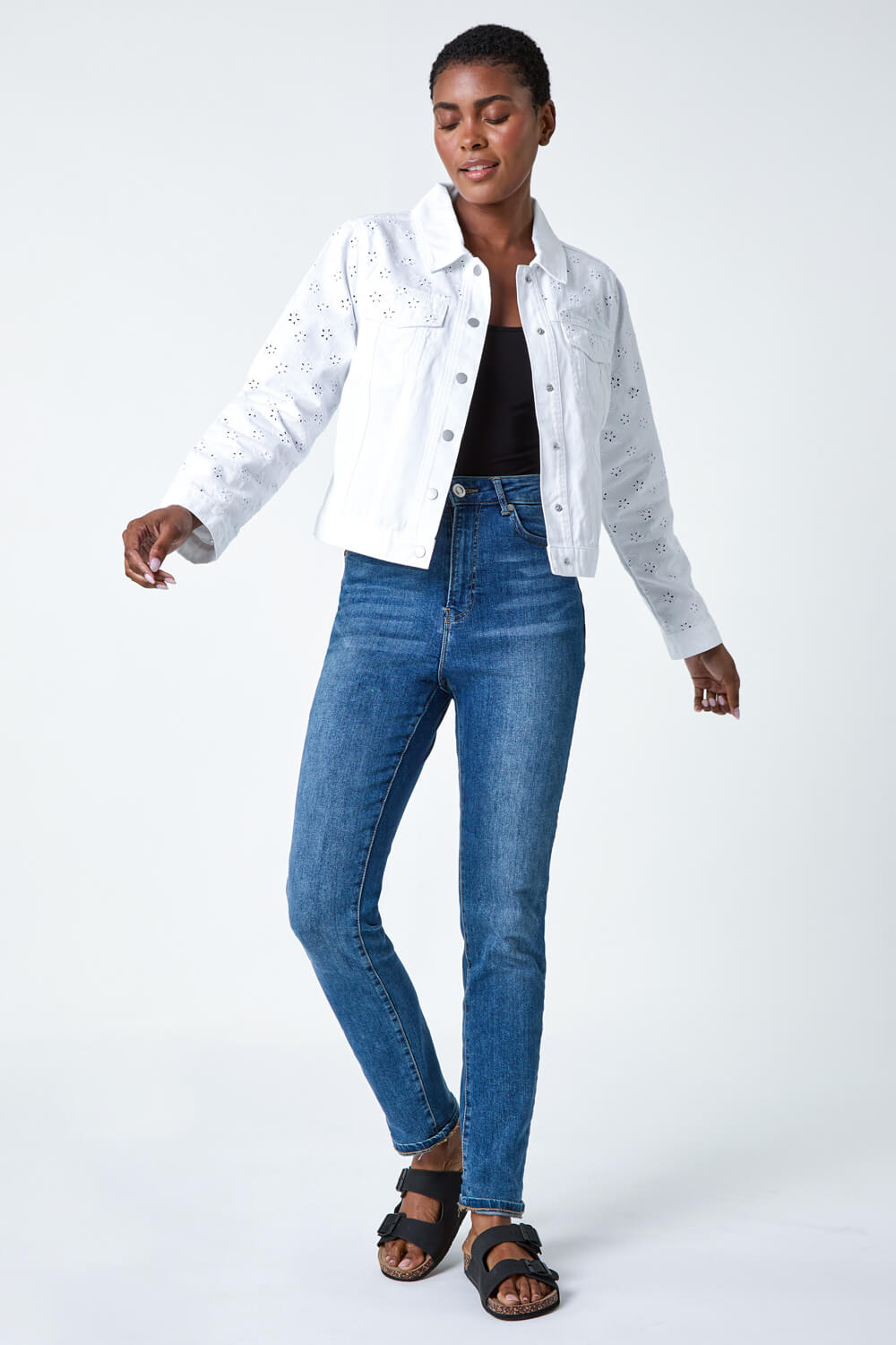 White Cotton Blend Broderie Sleeve Jacket, Image 4 of 5