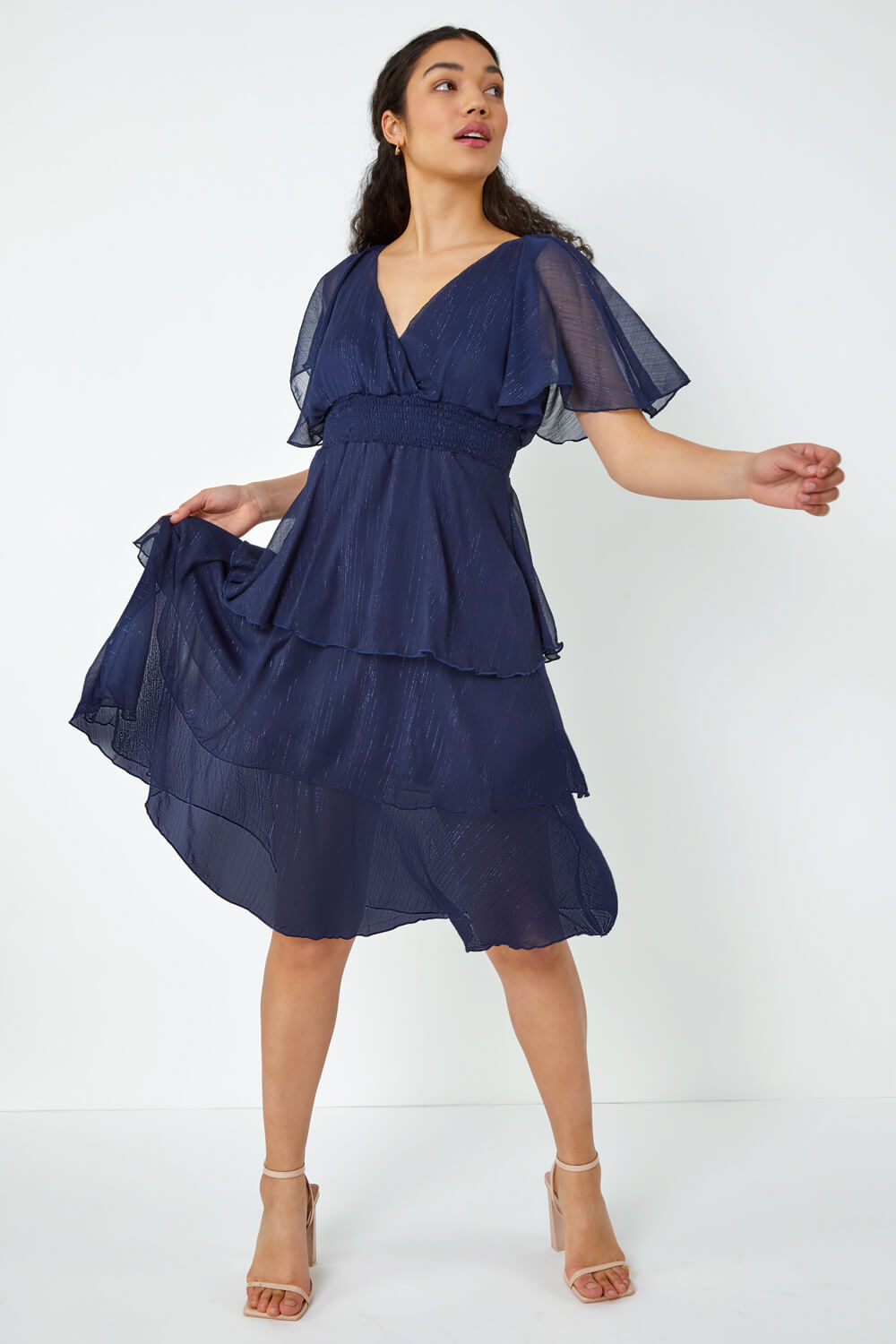 Navy  Shimmer Chiffon Tiered Wrap Dress, Image 2 of 5