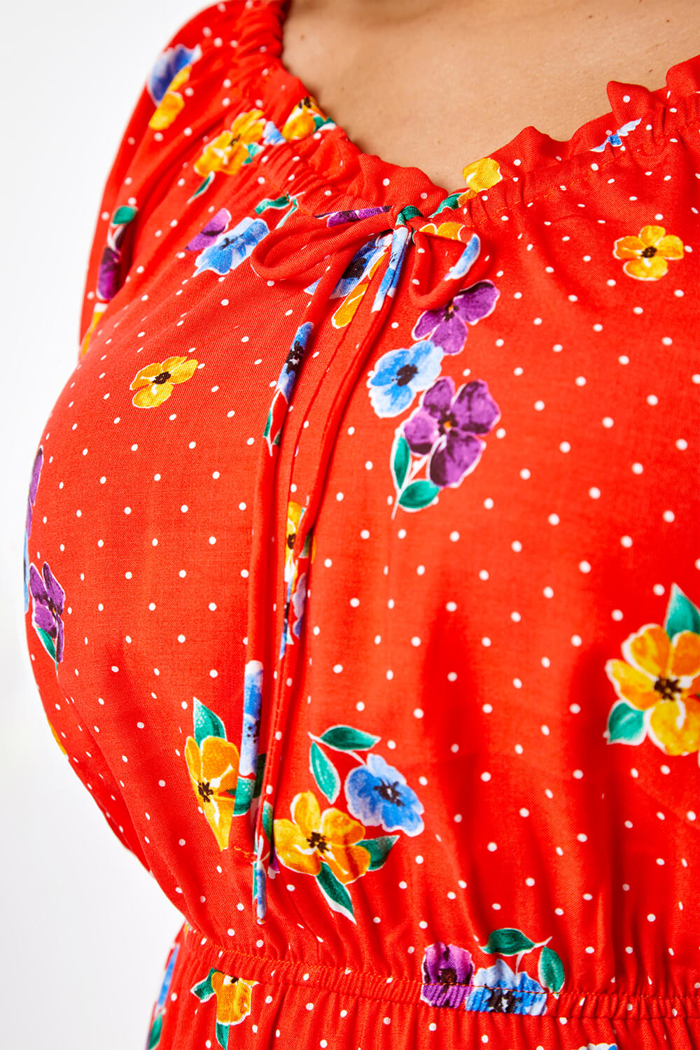 Red Curve Spot Floral Print Sweetheart Midi Dress, Image 5 of 5