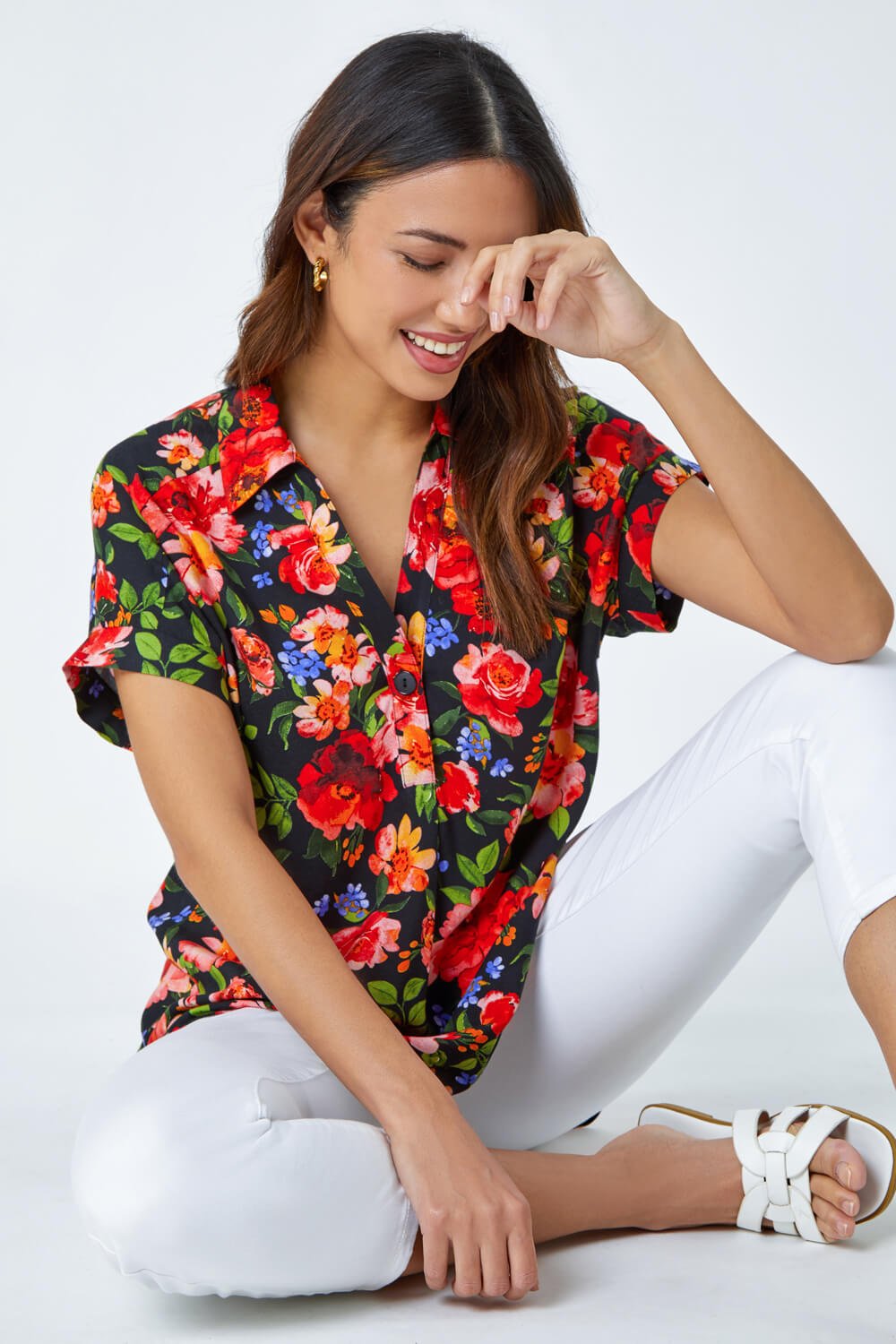 Red Floral Button Short Sleeve Shirt, Image 2 of 6
