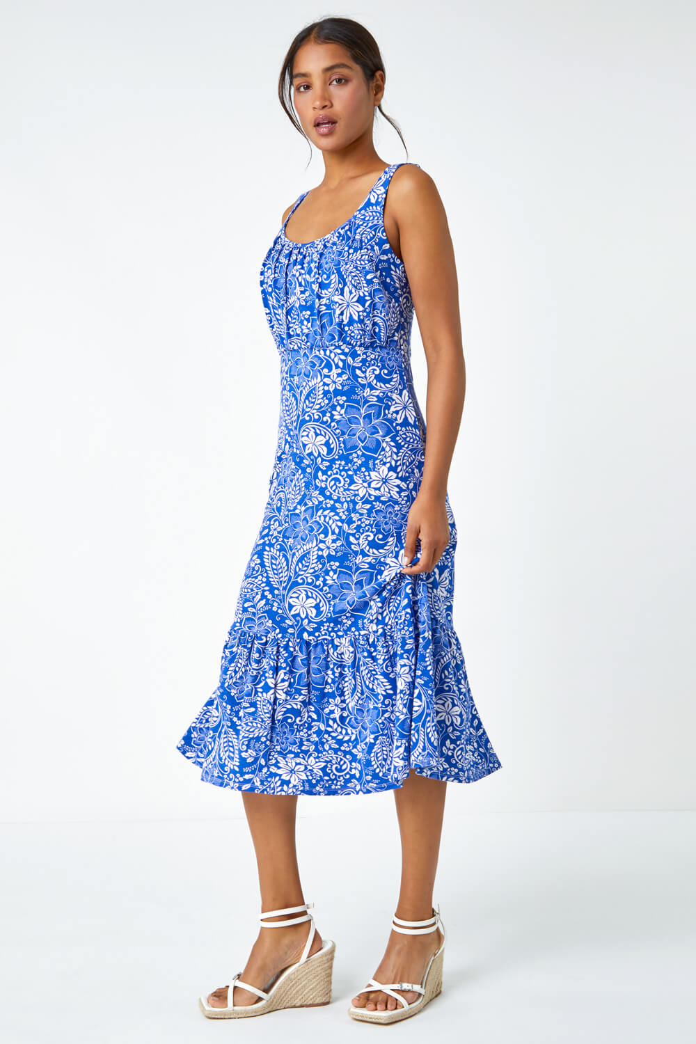Royal Blue Floral Frill Hem Stretch Midi Dress, Image 2 of 5