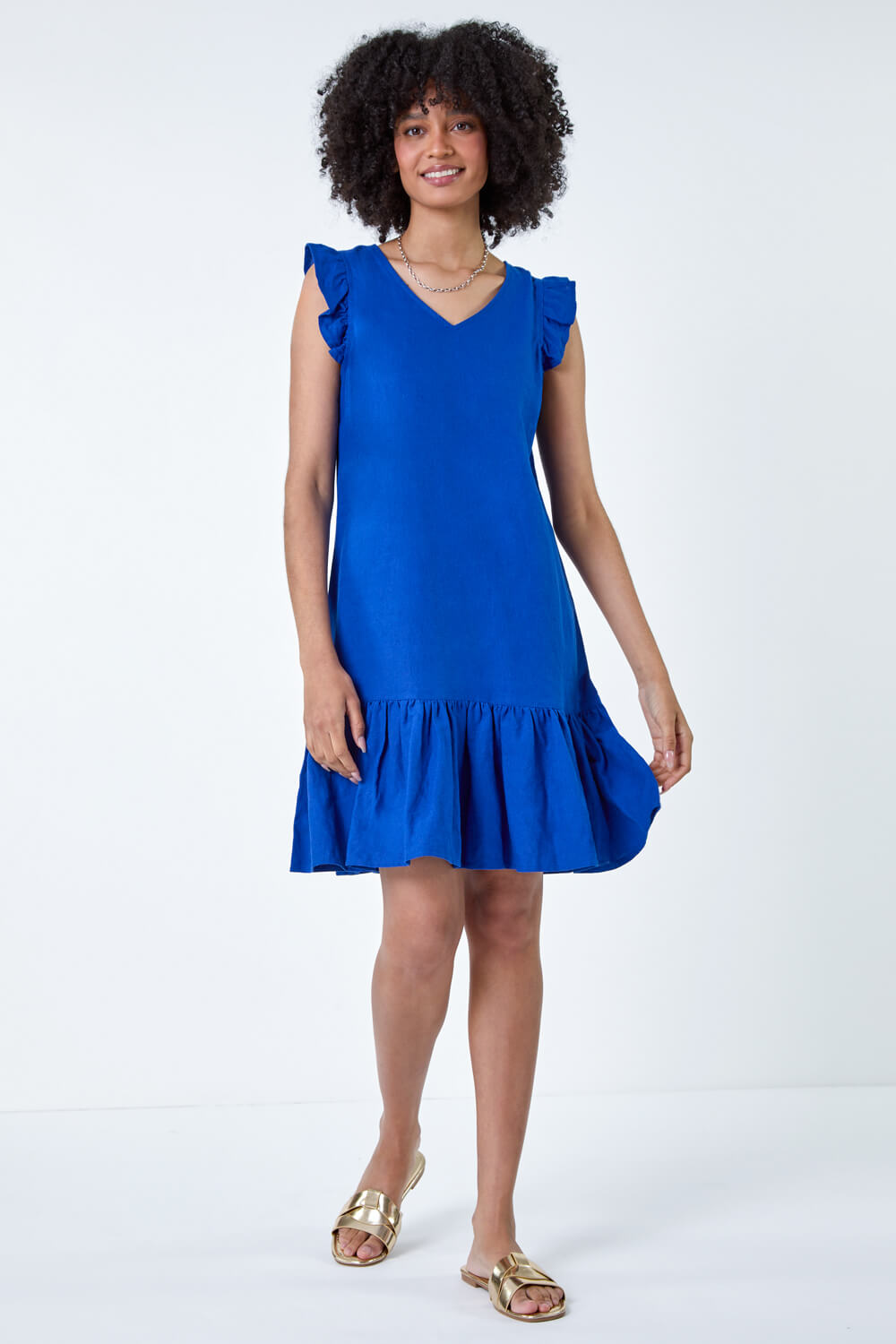 Royal Blue Linen Blend Frill Detail Dress, Image 3 of 5