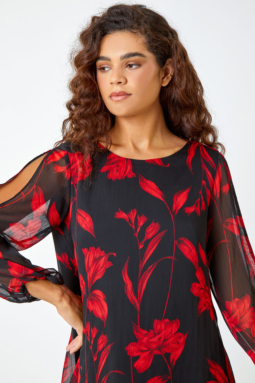 Red Floral Chiffon Layered Tunic Top, Image 4 of 5