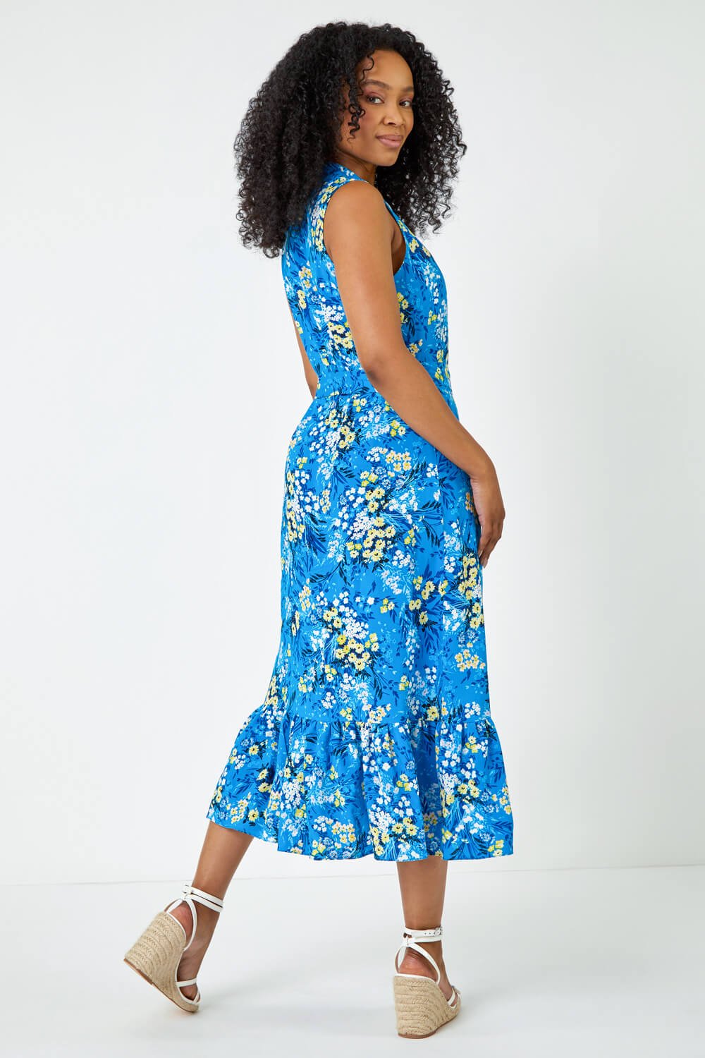 Blue Petite Floral Frill Hem Sleeveless Dress, Image 3 of 5