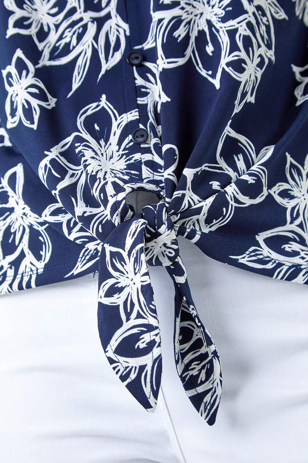 Navy  Textured Floral Print Tie Front Top, Image 5 of 5