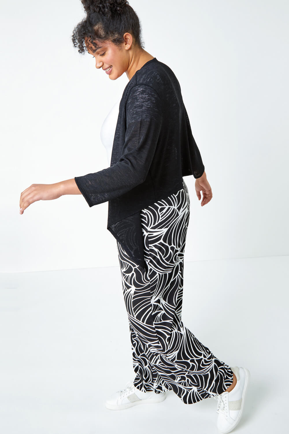 Black Curve Linear Print Palazzo Stretch Trousers, Image 2 of 5