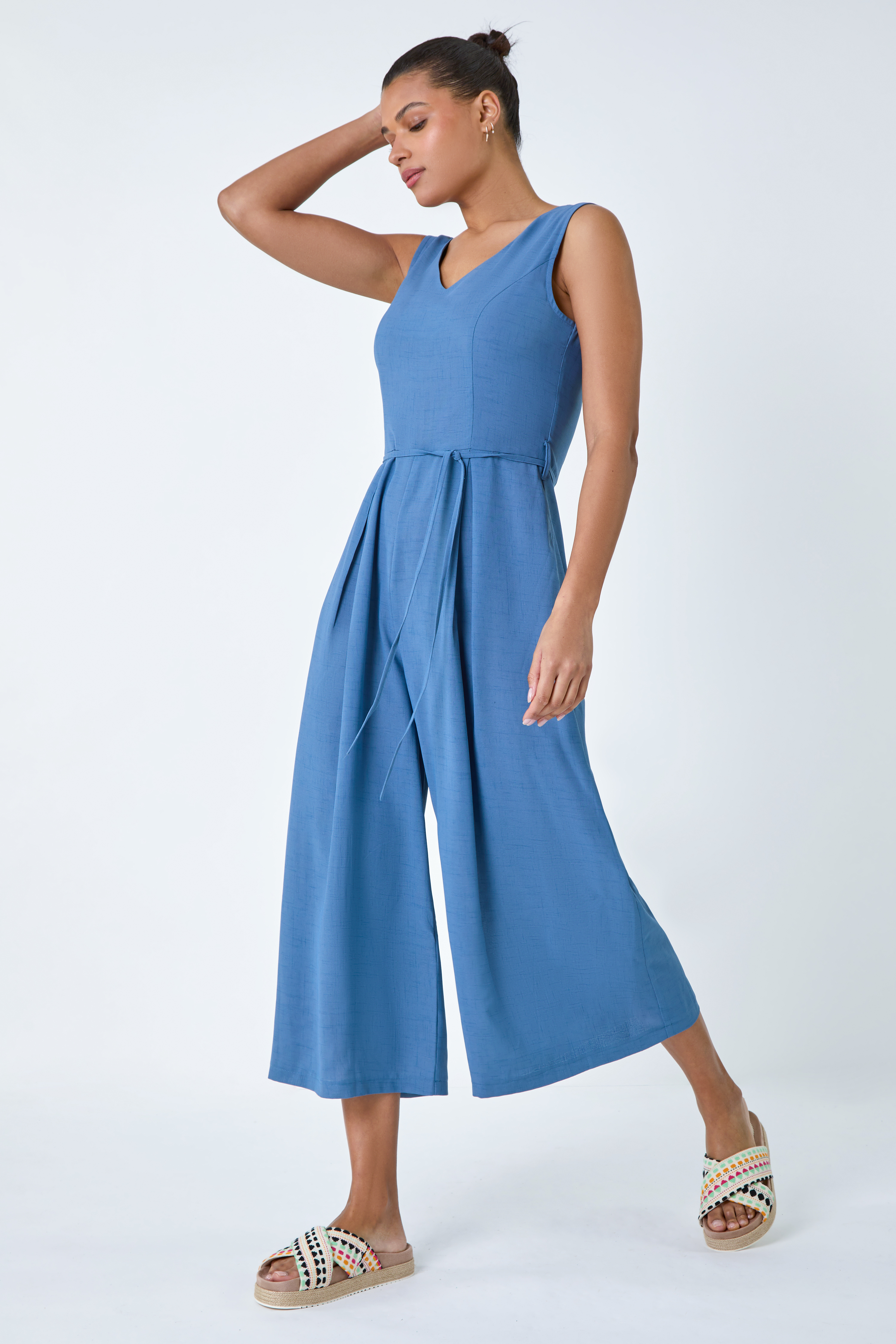 Blue Sleeveless Wide Leg Culotte Jumpsuit, Image 2 of 5